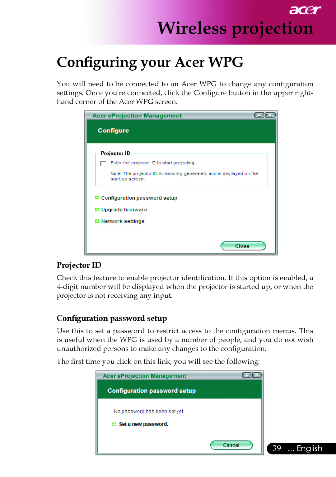 Acer PD525P, PD523P, PD527 series manual Conﬁguring your Acer WPG, Projector ID, Conﬁguration password setup 