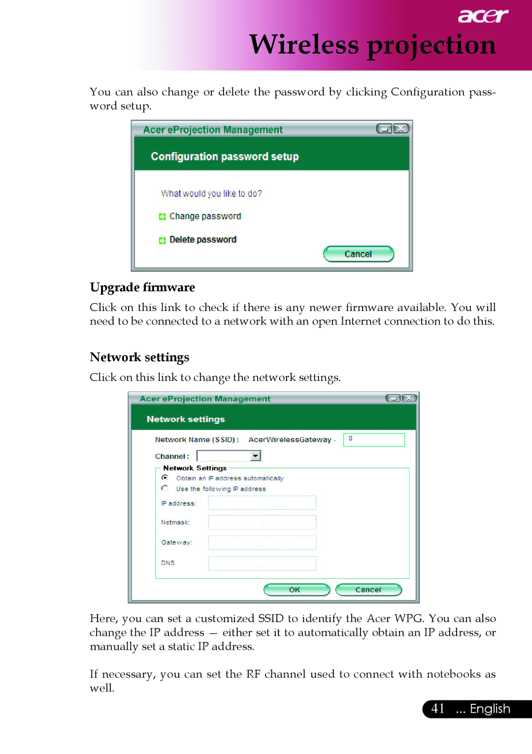 Acer PD527 series, PD523P, PD525P manual Upgrade ﬁrmware, Network settings 