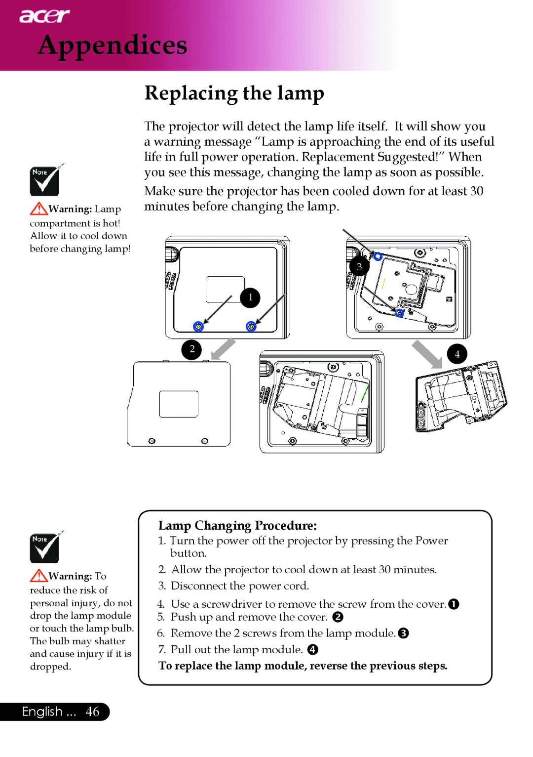 Acer PD523P, PD527 series, PD525P manual Replacing the lamp, Lamp Changing Procedure 