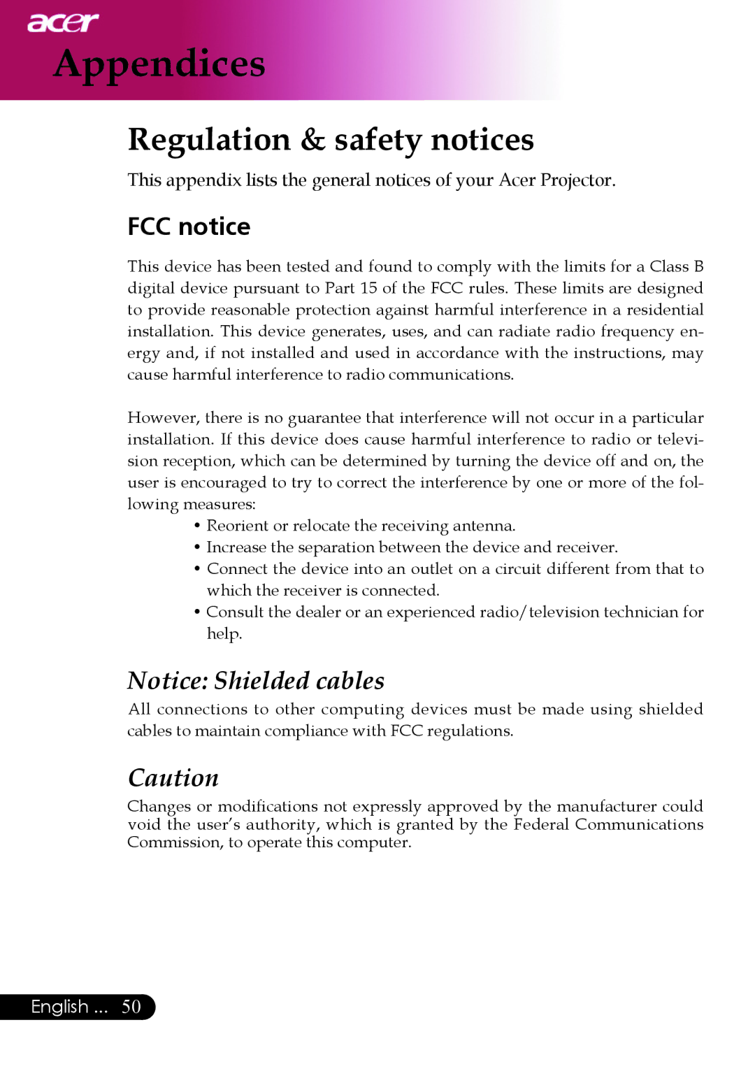 Acer PD527 series, PD523P, PD525P manual Regulation & safety notices, FCC notice 