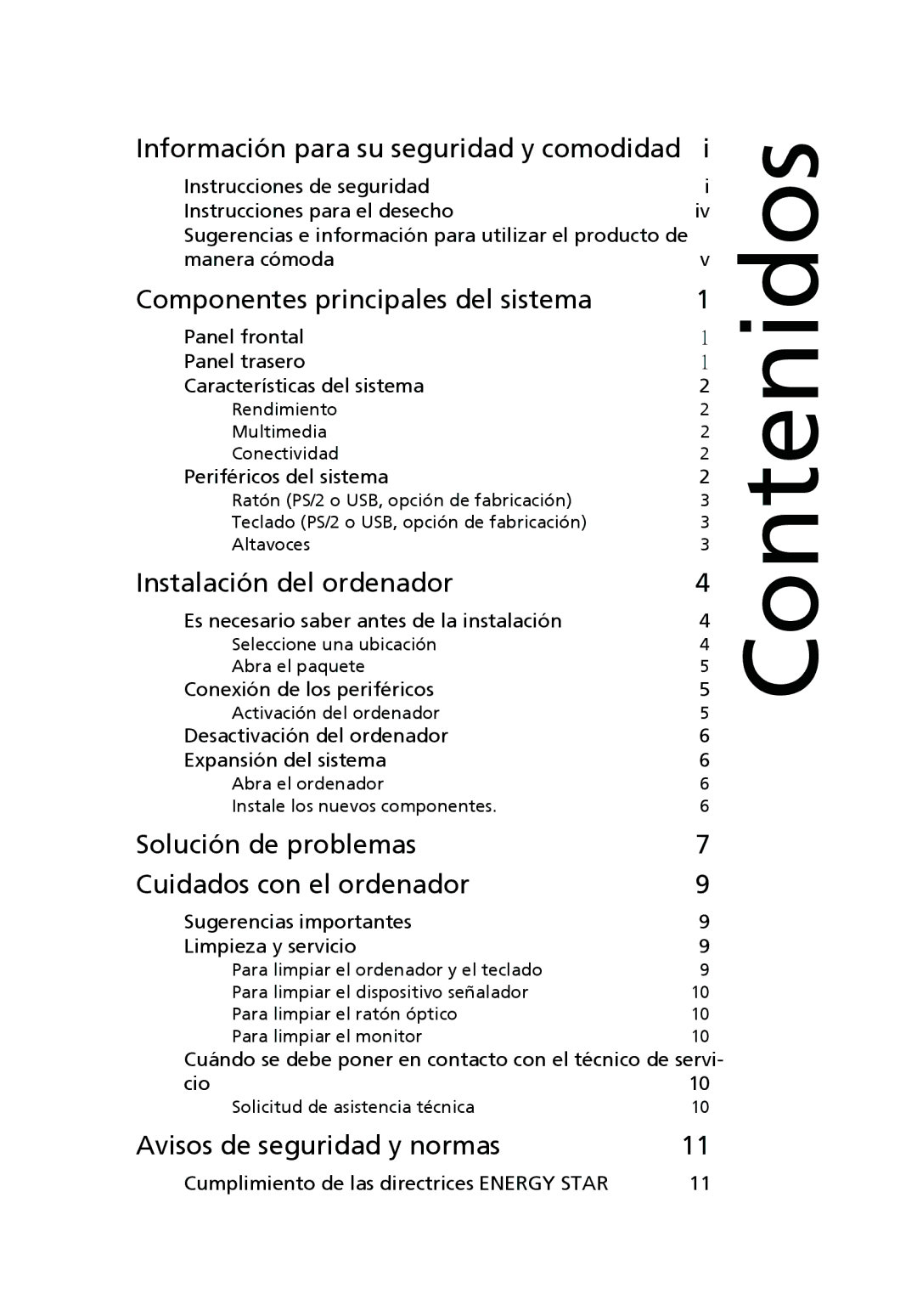 Acer Personal Computer manual Información para su seguridad y comodidad, Componentes principales del sistema 