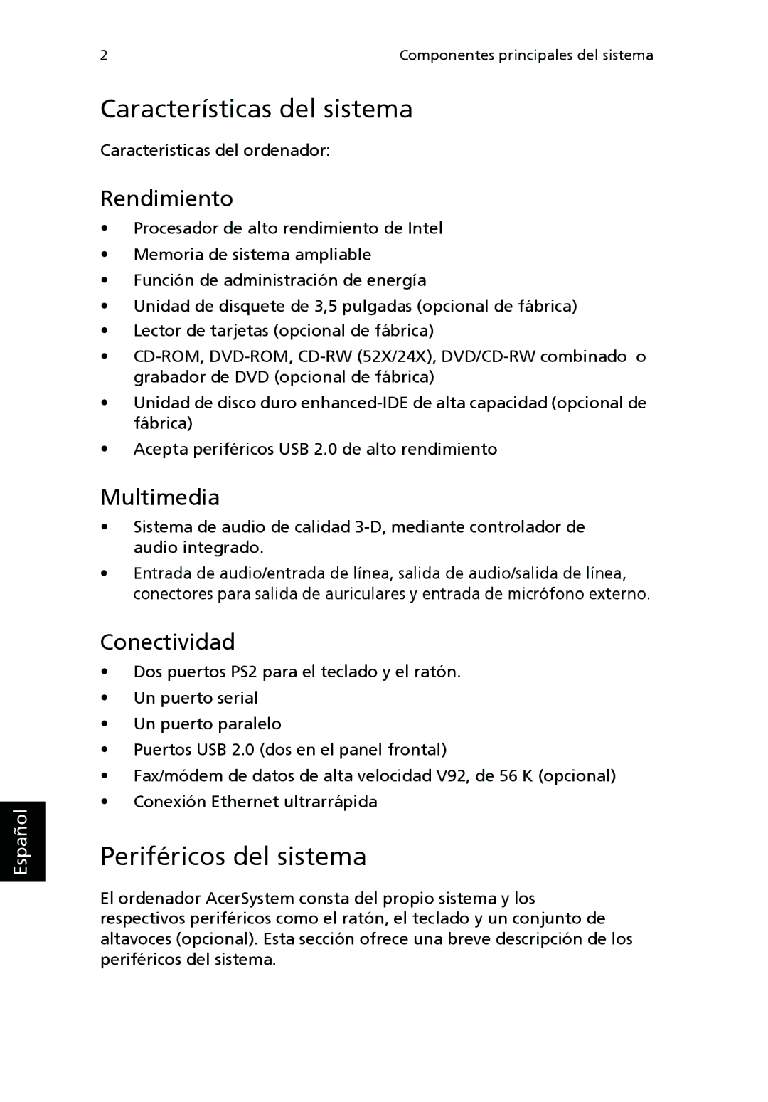 Acer Personal Computer manual Características del sistema, Periféricos del sistema, Rendimiento, Multimedia, Conectividad 