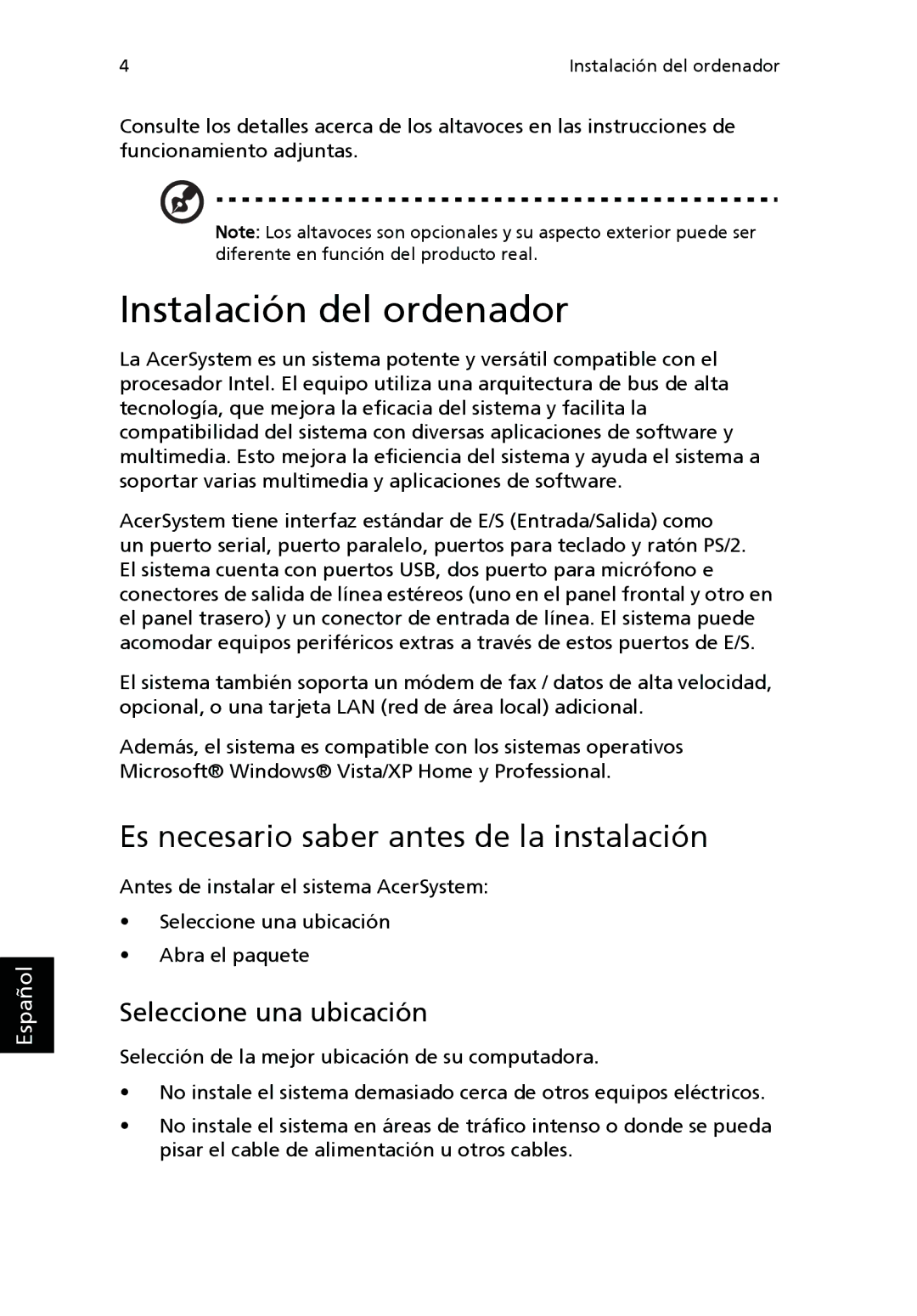 Acer Personal Computer manual Es necesario saber antes de la instalación, Seleccione una ubicación 