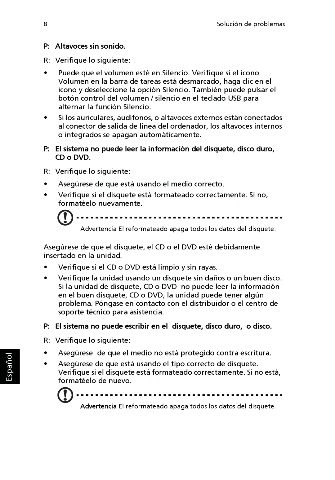 Acer Personal Computer manual Altavoces sin sonido 