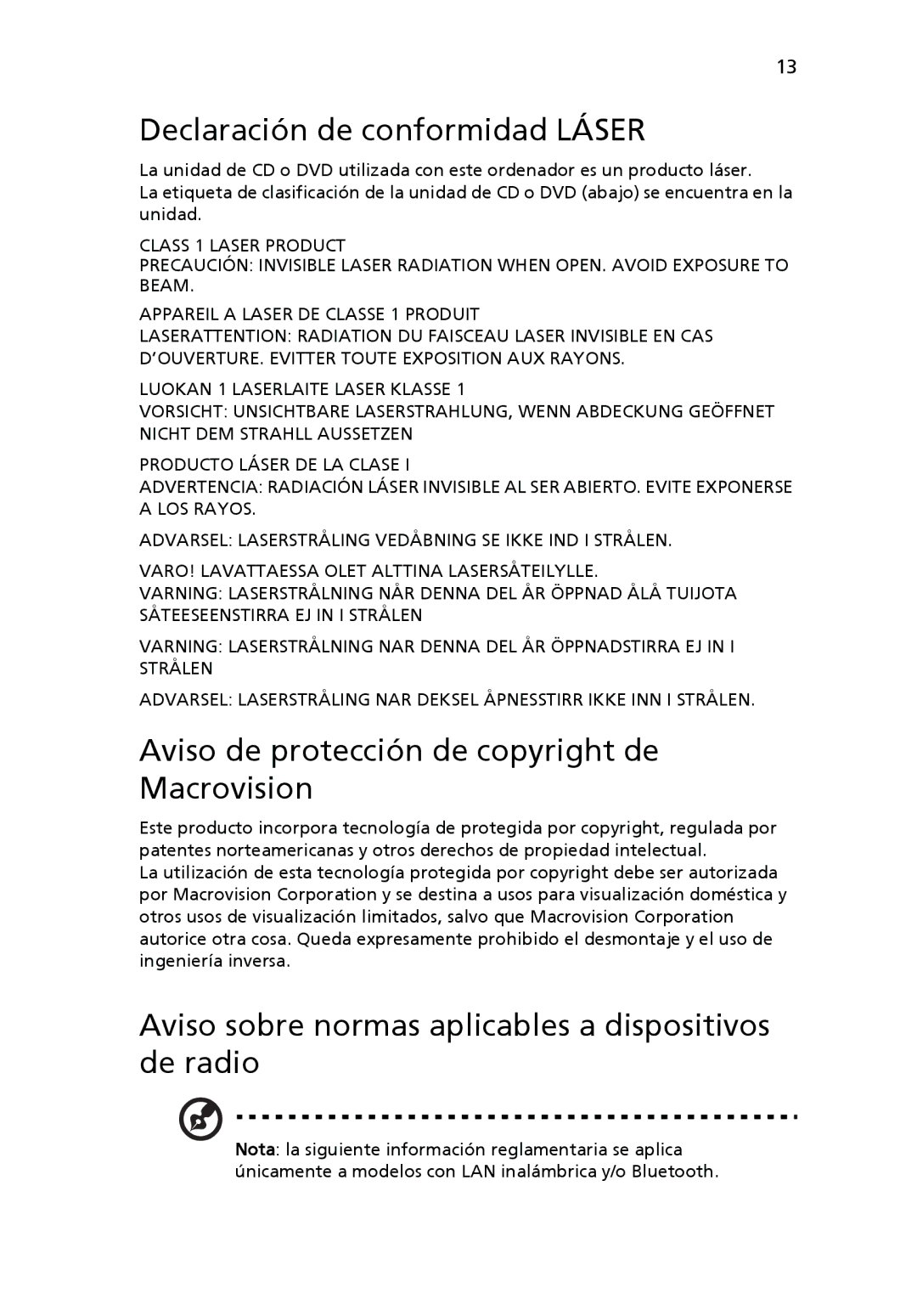 Acer Personal Computer manual Declaración de conformidad Láser, Aviso de protección de copyright de Macrovision 