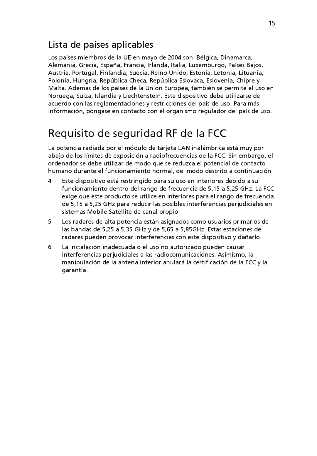 Acer Personal Computer manual Requisito de seguridad RF de la FCC, Lista de países aplicables 