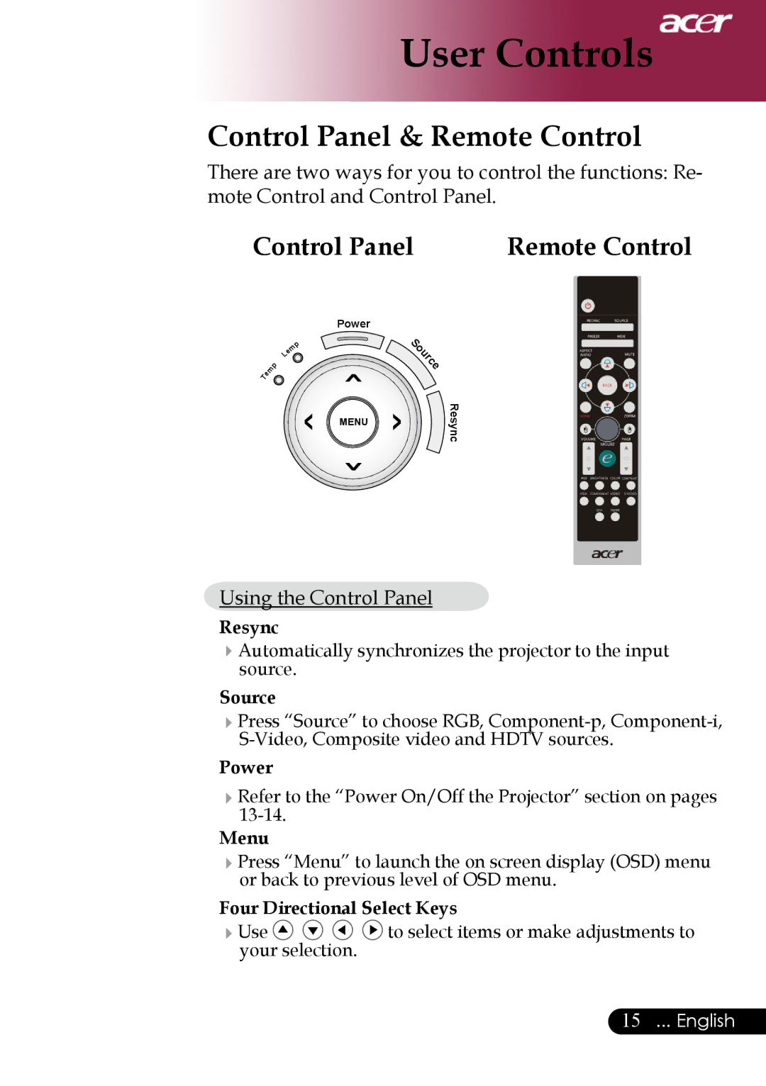 Acer PH530 manual Control Panel & Remote Control 