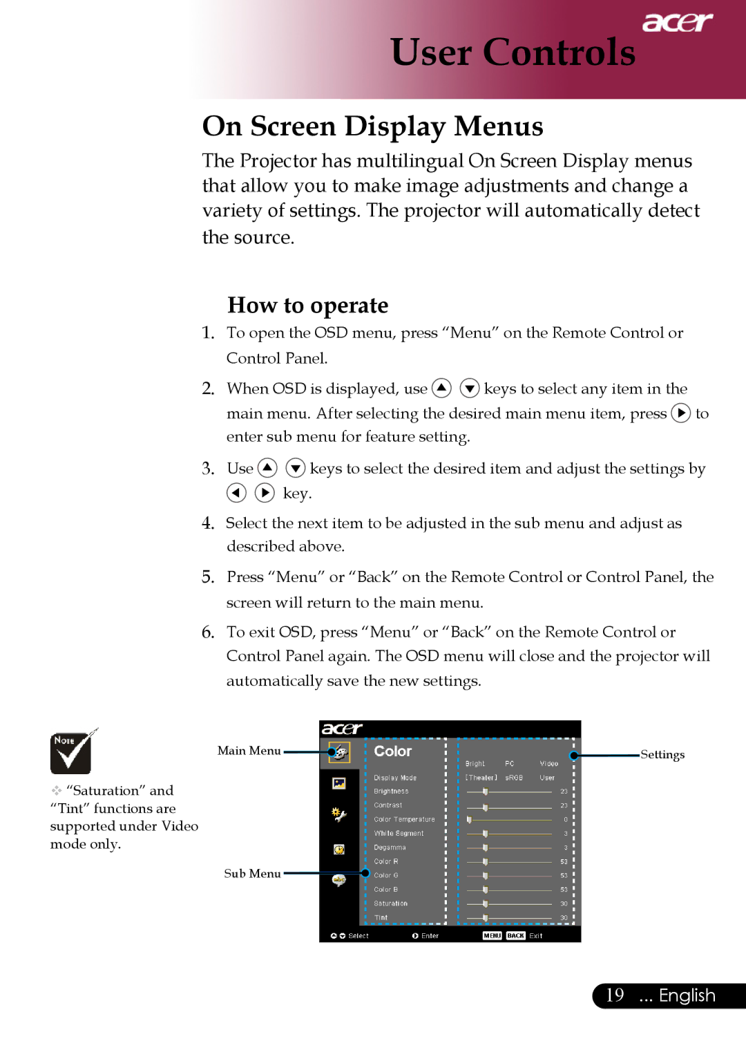 Acer PH530 manual On Screen Display Menus, How to operate 