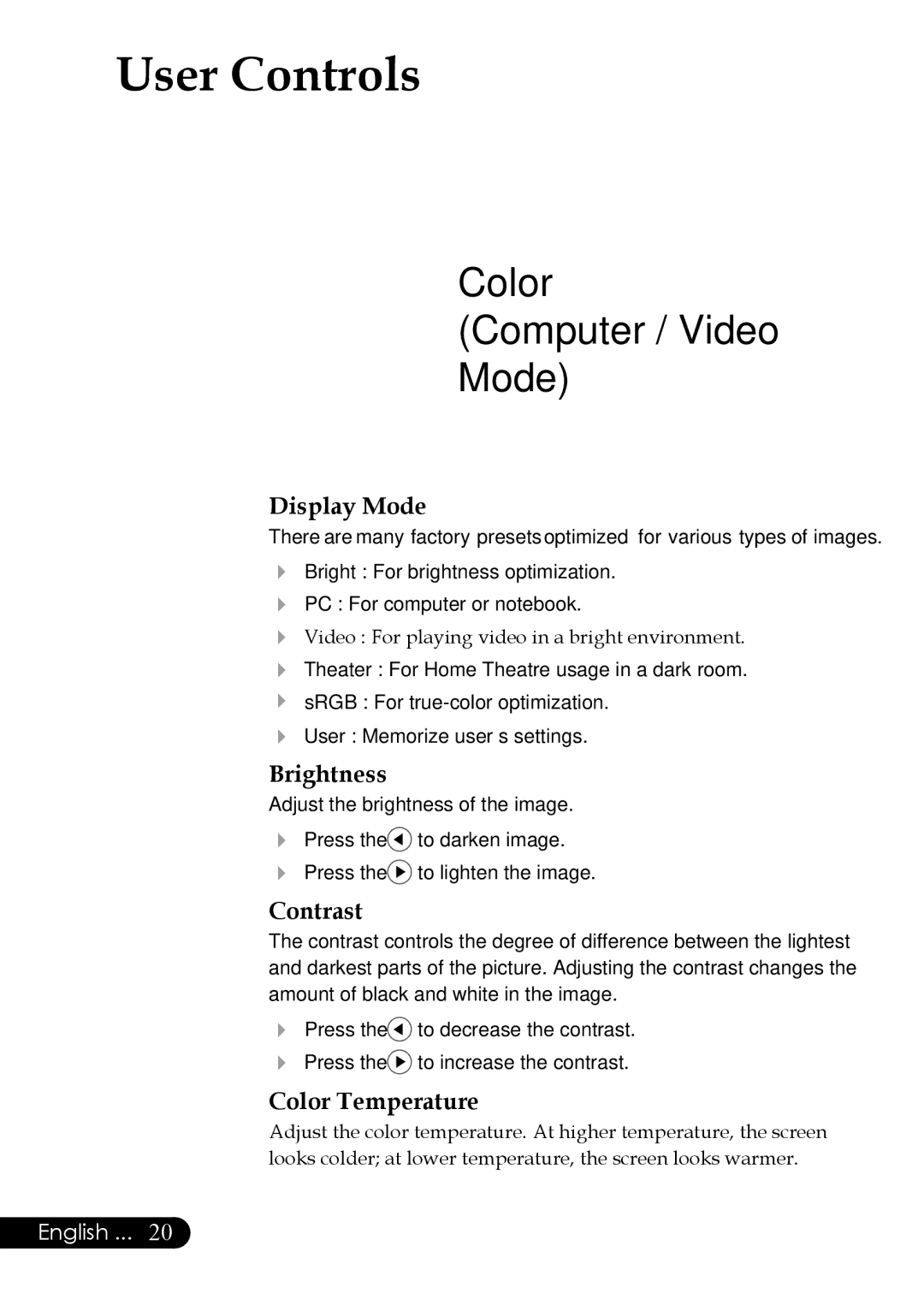 Acer PH530 manual Display Mode, Brightness, Contrast, Color Temperature 