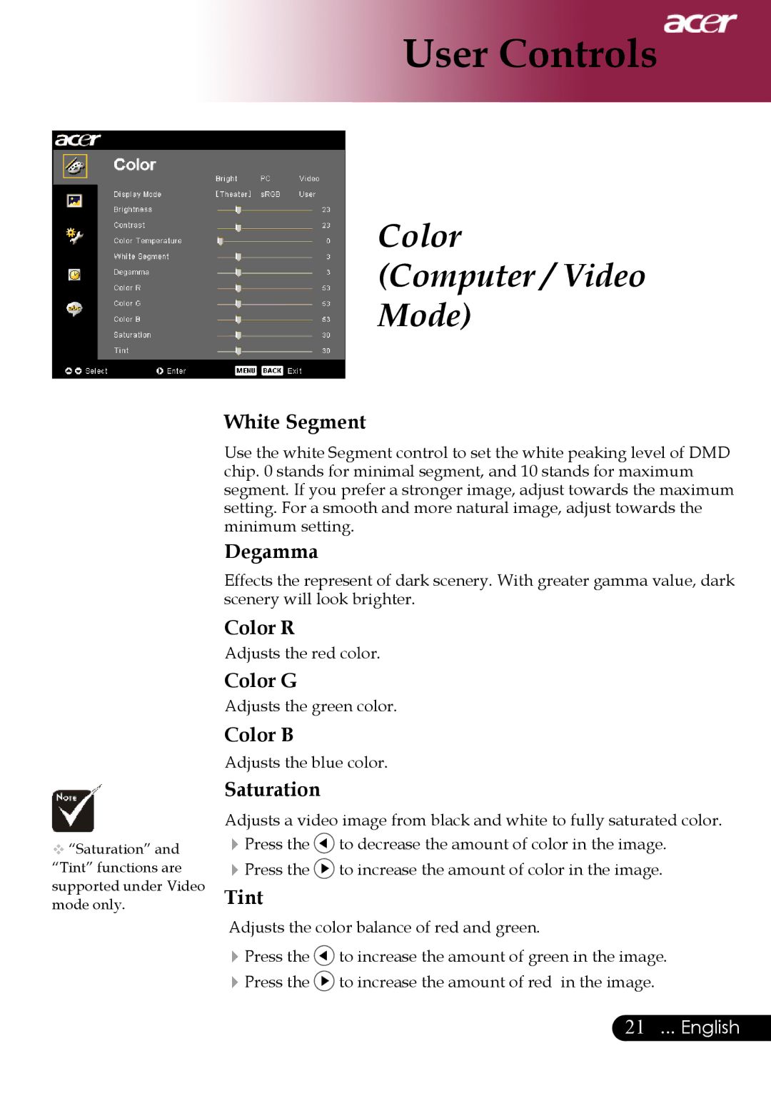 Acer PH530 manual White Segment, Degamma, Color R, Color G, Color B, Saturation, Tint 