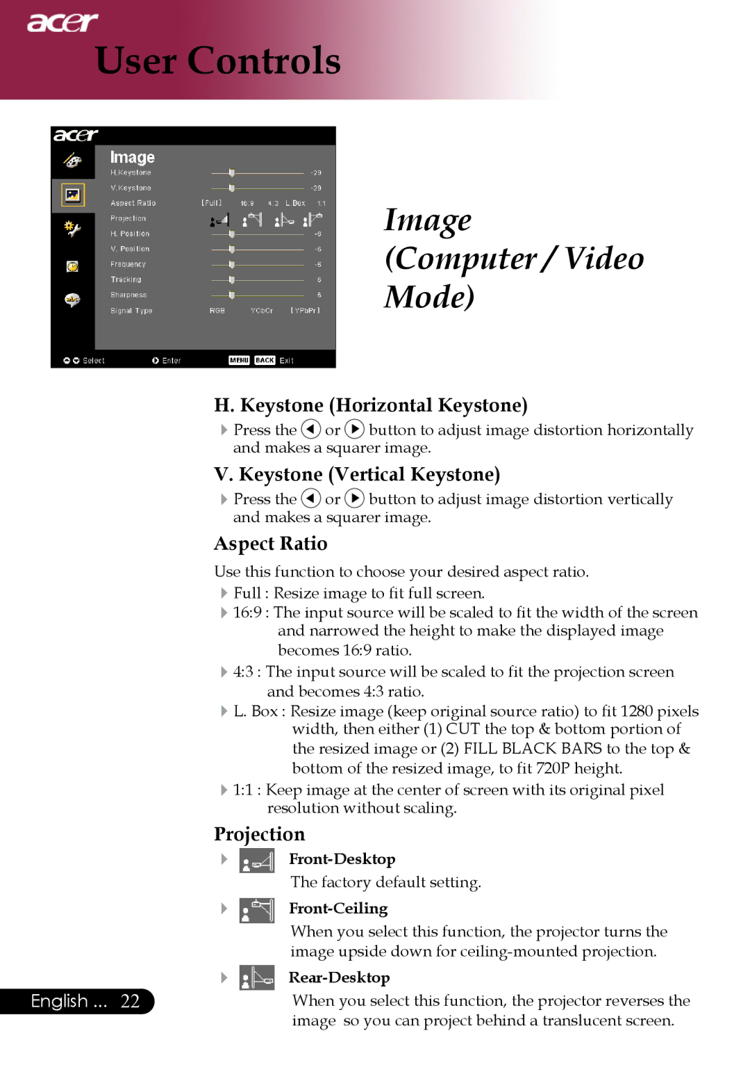 Acer PH530 manual Keystone Horizontal Keystone, Keystone Vertical Keystone, Aspect Ratio, Projection 