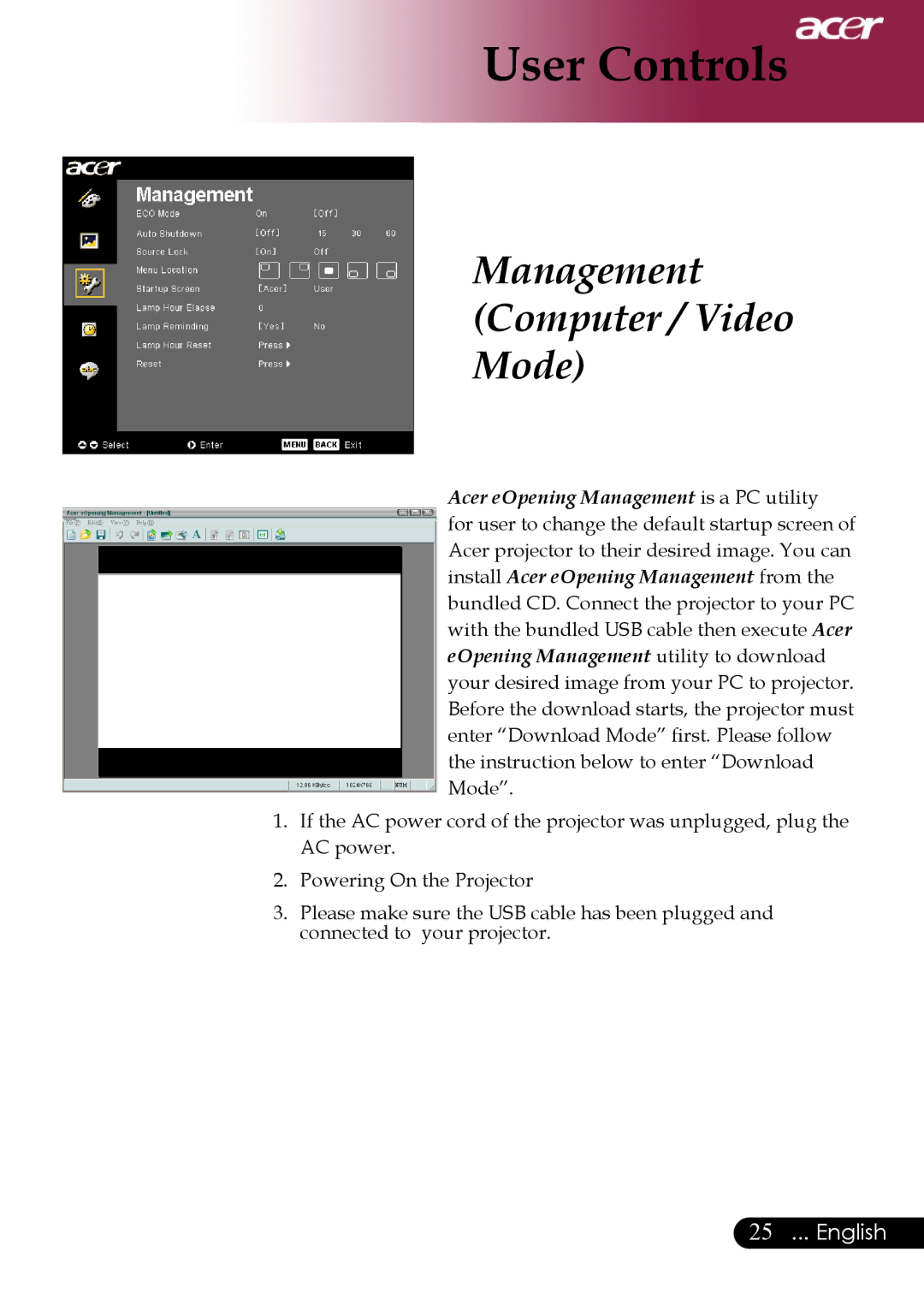 Acer PH530 manual Acer eOpening Management is a PC utility 