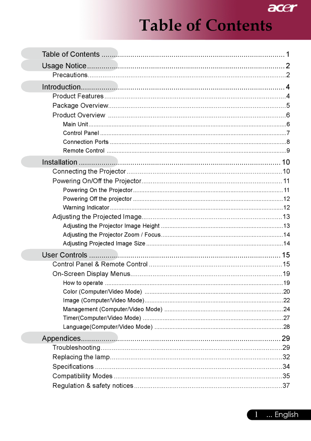 Acer PH530 manual Table of Contents 