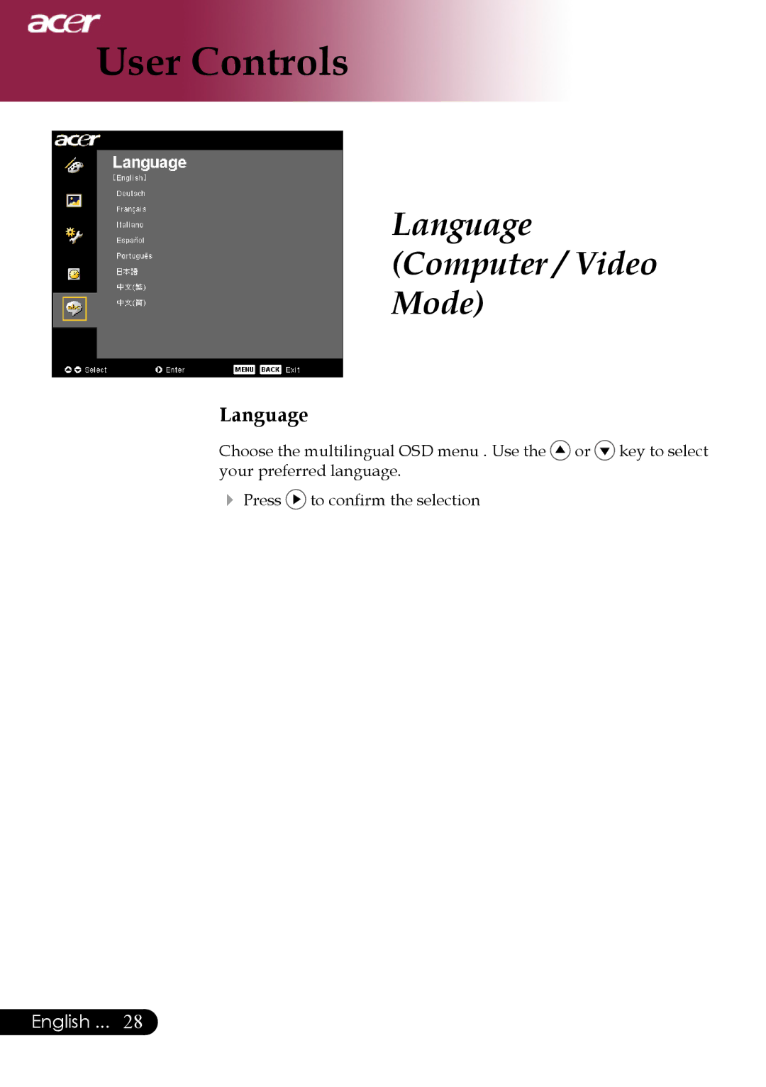 Acer PH530 manual Language Computer / Video Mode 