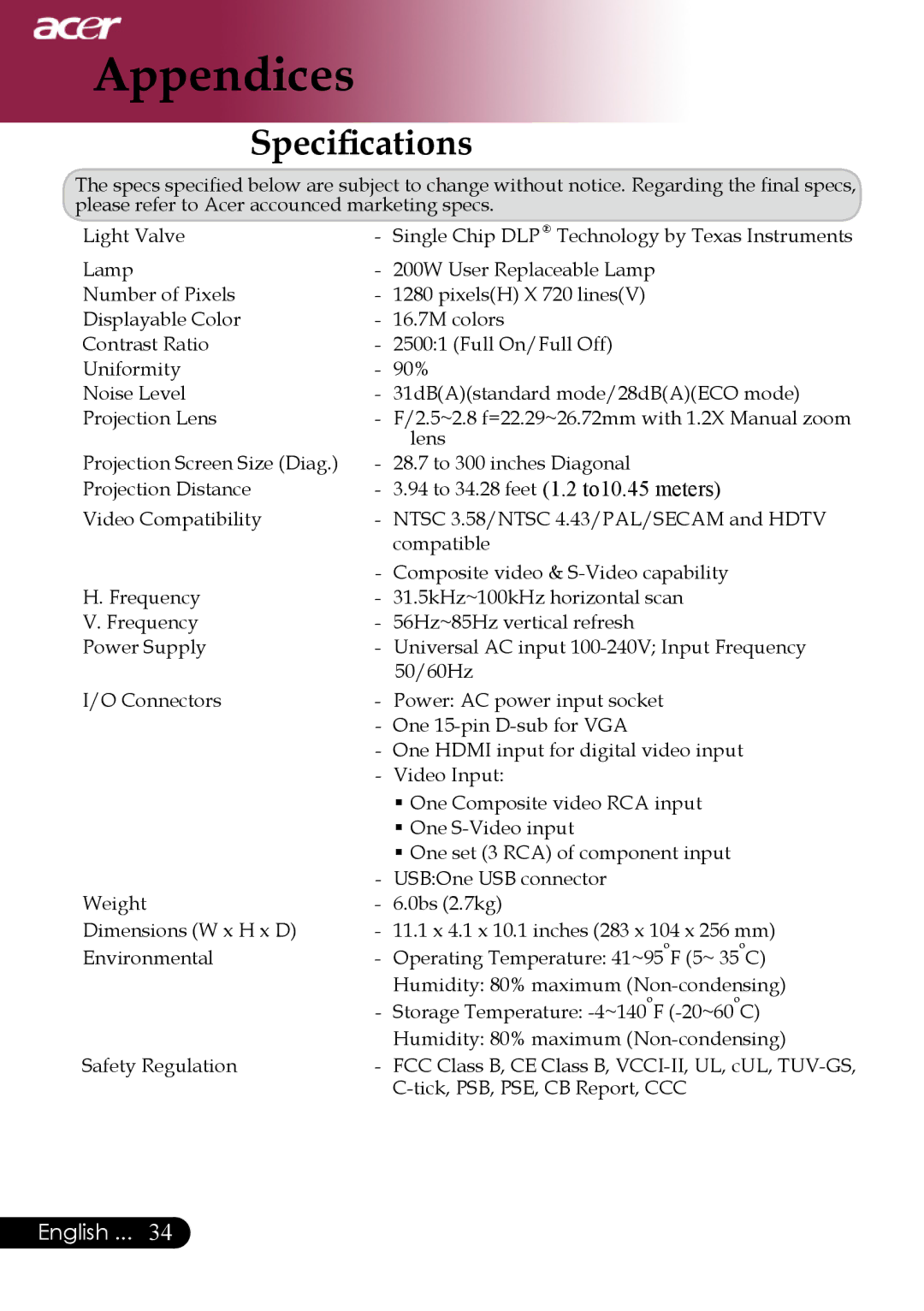 Acer PH530 manual Specifications, 94 to 34.28 feet 1.2 to10.45 meters 