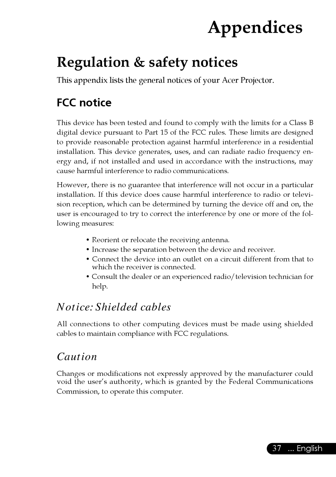 Acer PH530 manual Regulation & safety notices, FCC notice 