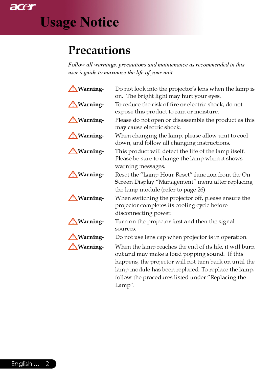 Acer PH530 manual Usage Notice, Precautions 