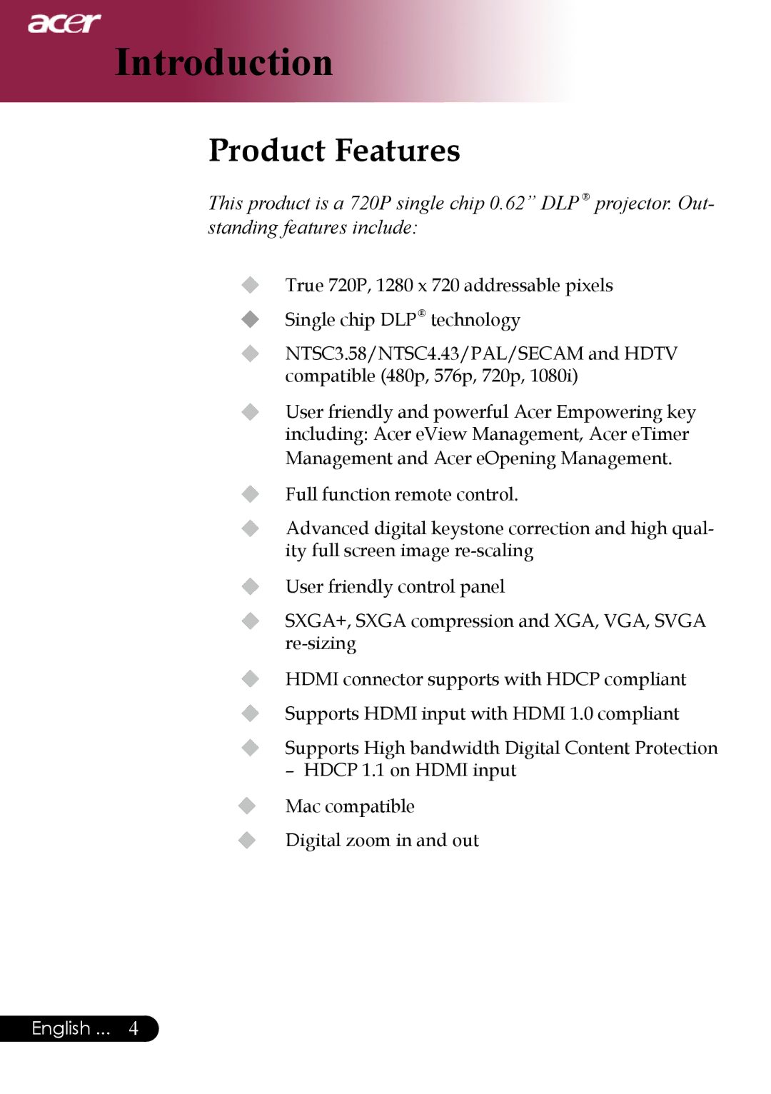 Acer PH530 manual Introduction, Product Features 