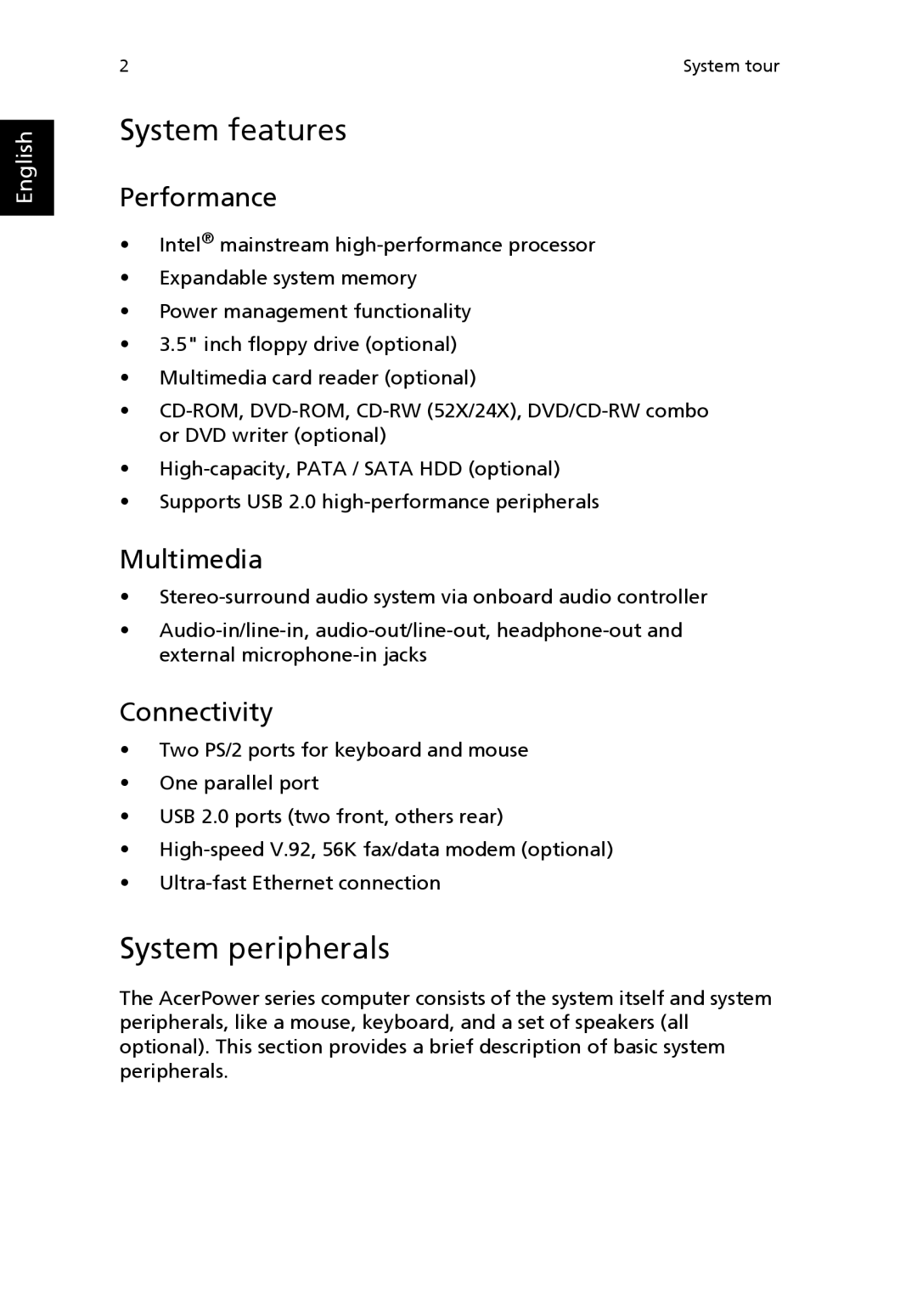 Acer POWER SERIES manual System features, System peripherals, Performance, Multimedia, Connectivity 