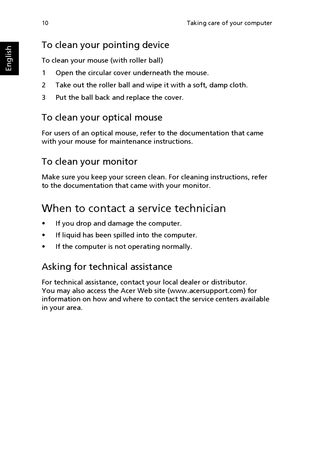 Acer POWER SERIES manual When to contact a service technician, To clean your pointing device, To clean your optical mouse 