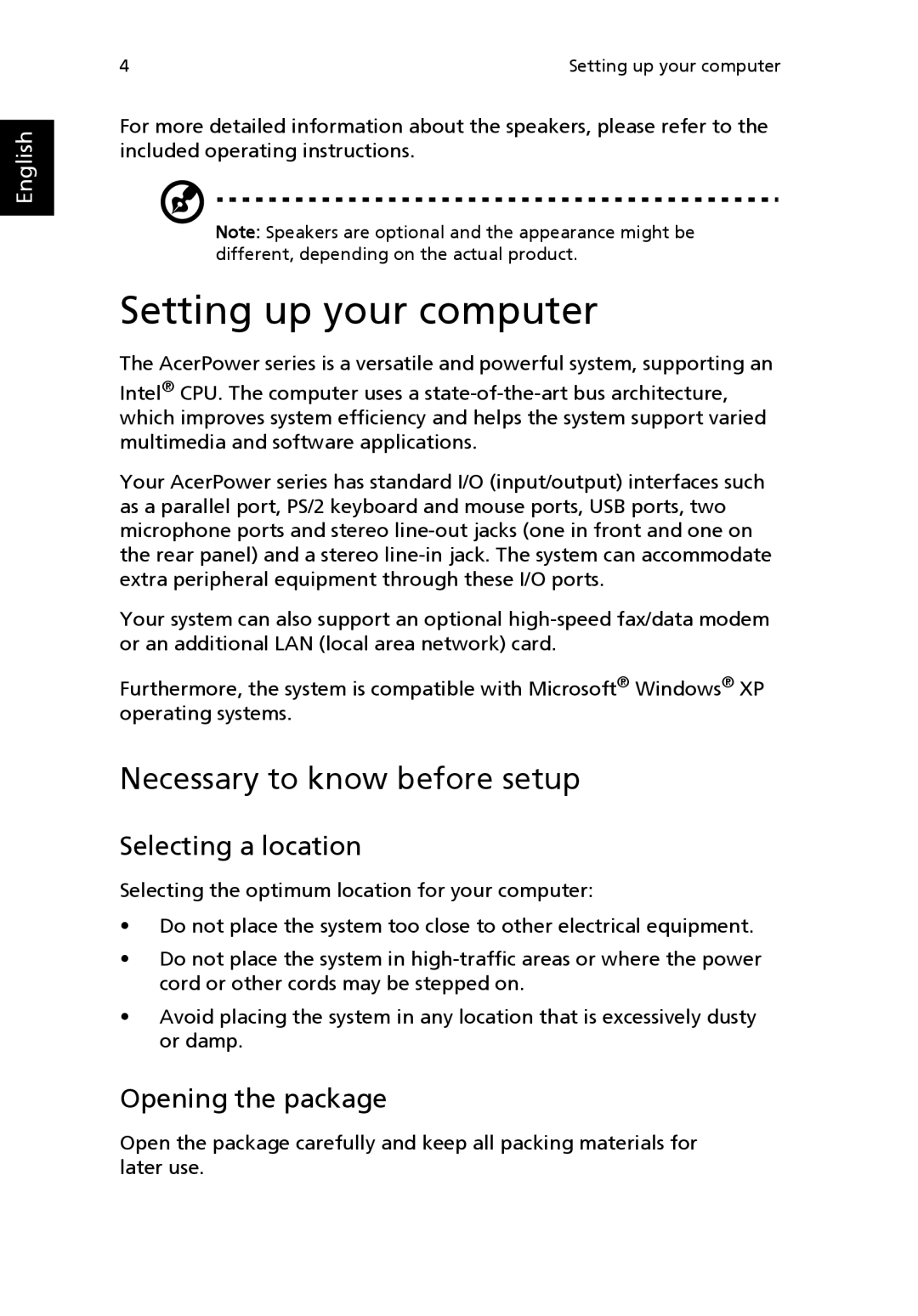 Acer POWER SERIES Setting up your computer, Necessary to know before setup, Selecting a location, Opening the package 