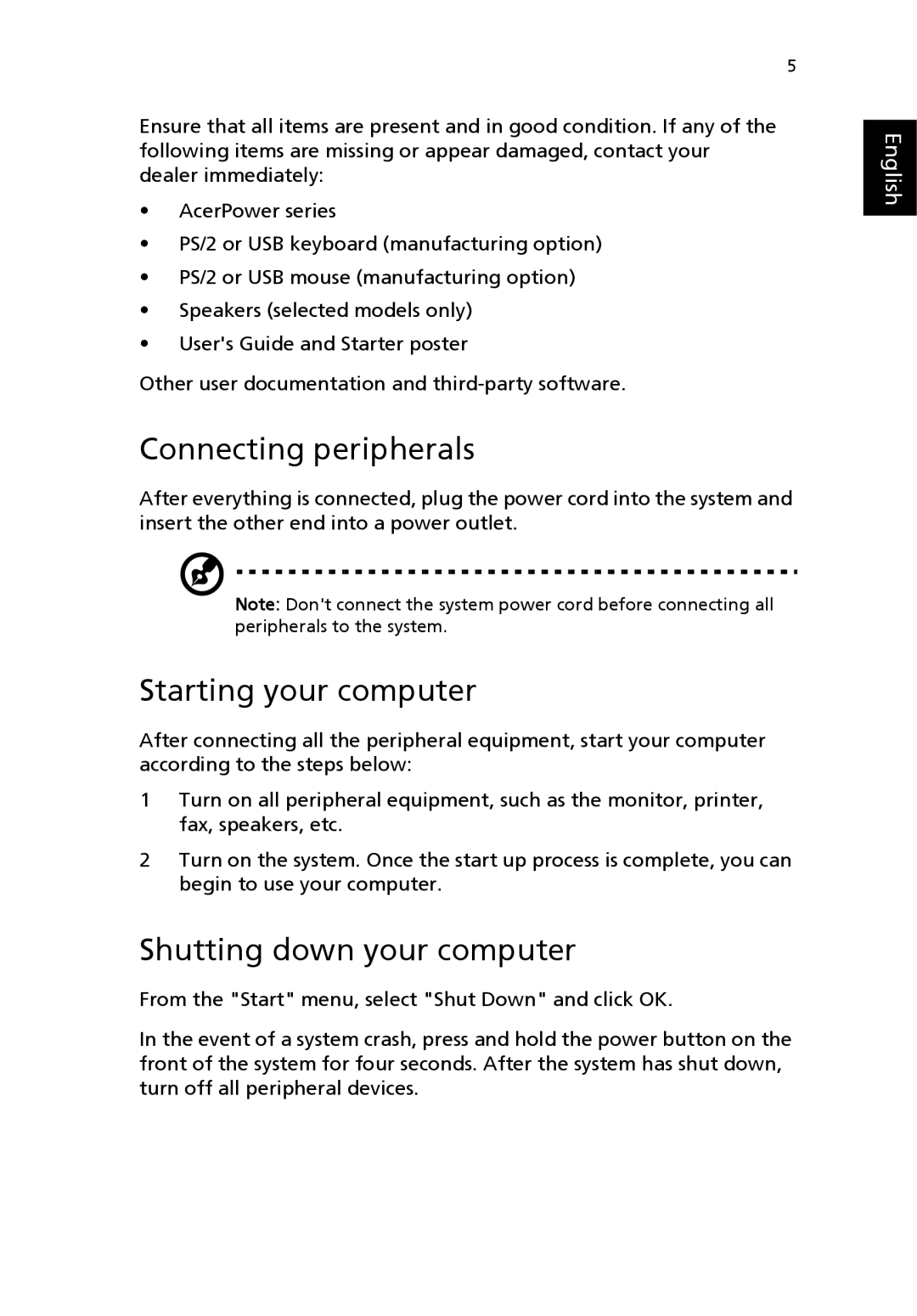 Acer POWER SERIES manual Connecting peripherals, Starting your computer, Shutting down your computer, English 