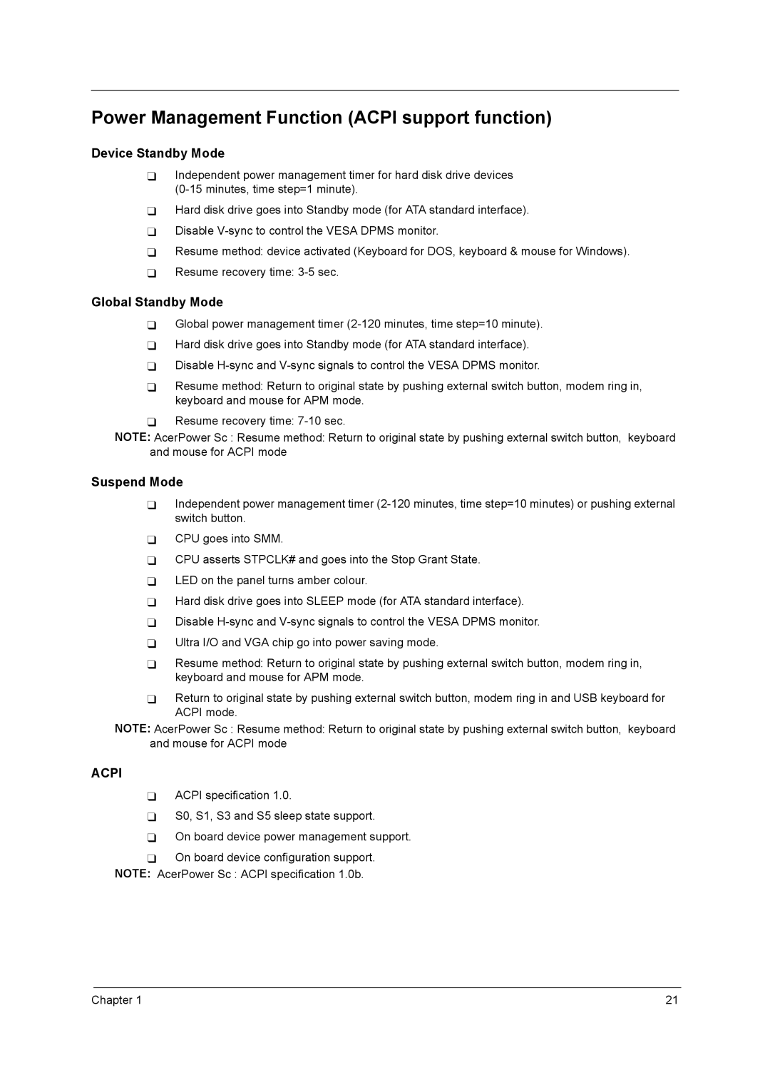 Acer power sx/sxb/sc manual Power Management Function Acpi support function, Device Standby Mode 