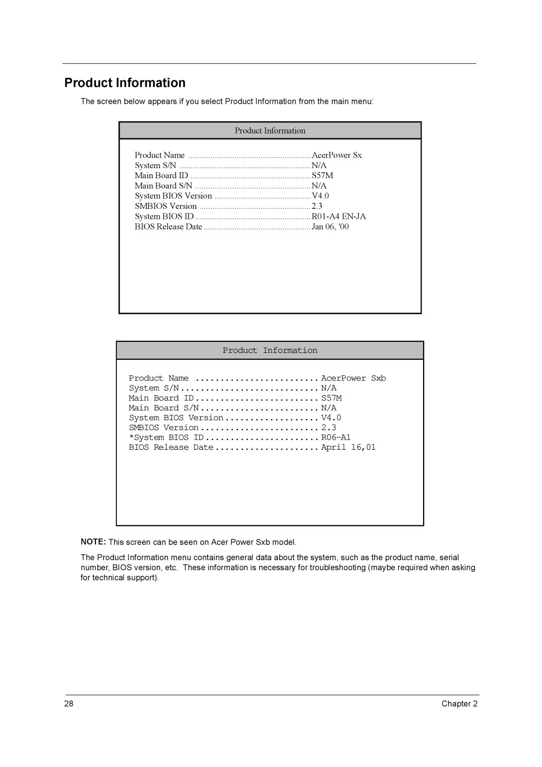 Acer power sx/sxb/sc manual Product Information, April 16,01 