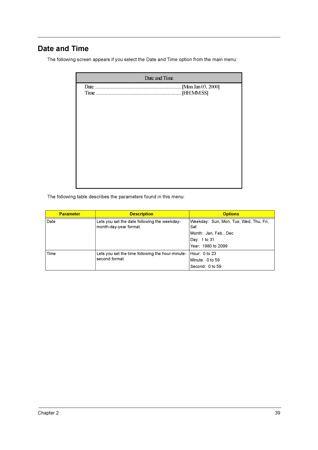 Acer power sx/sxb/sc manual Date and Time, Hhmmss 