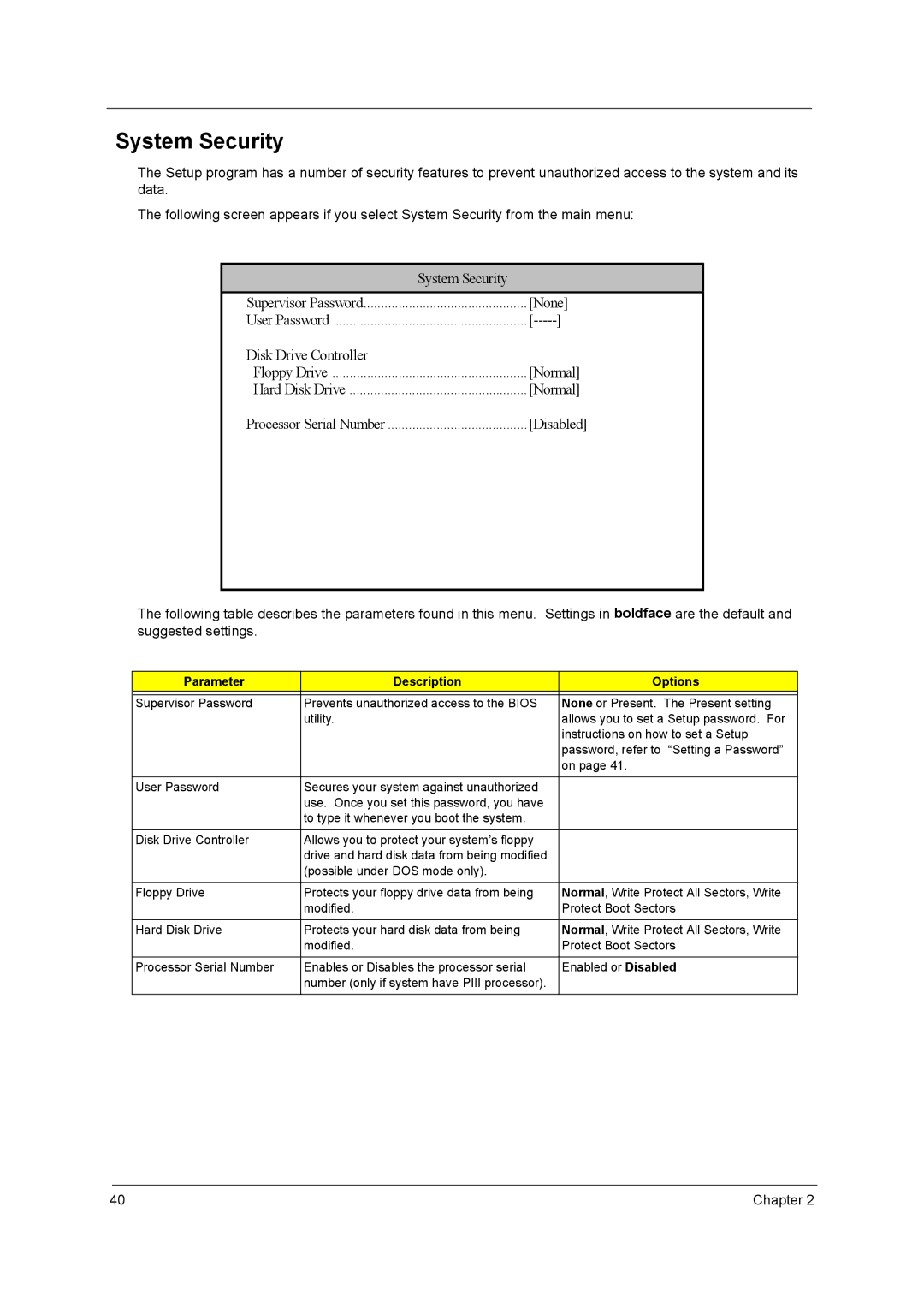 Acer power sx/sxb/sc manual System Security 