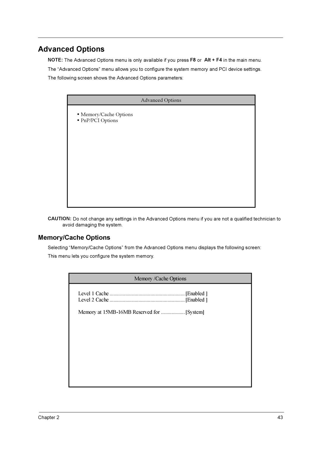 Acer power sx/sxb/sc manual Advanced Options, Memory/Cache Options 