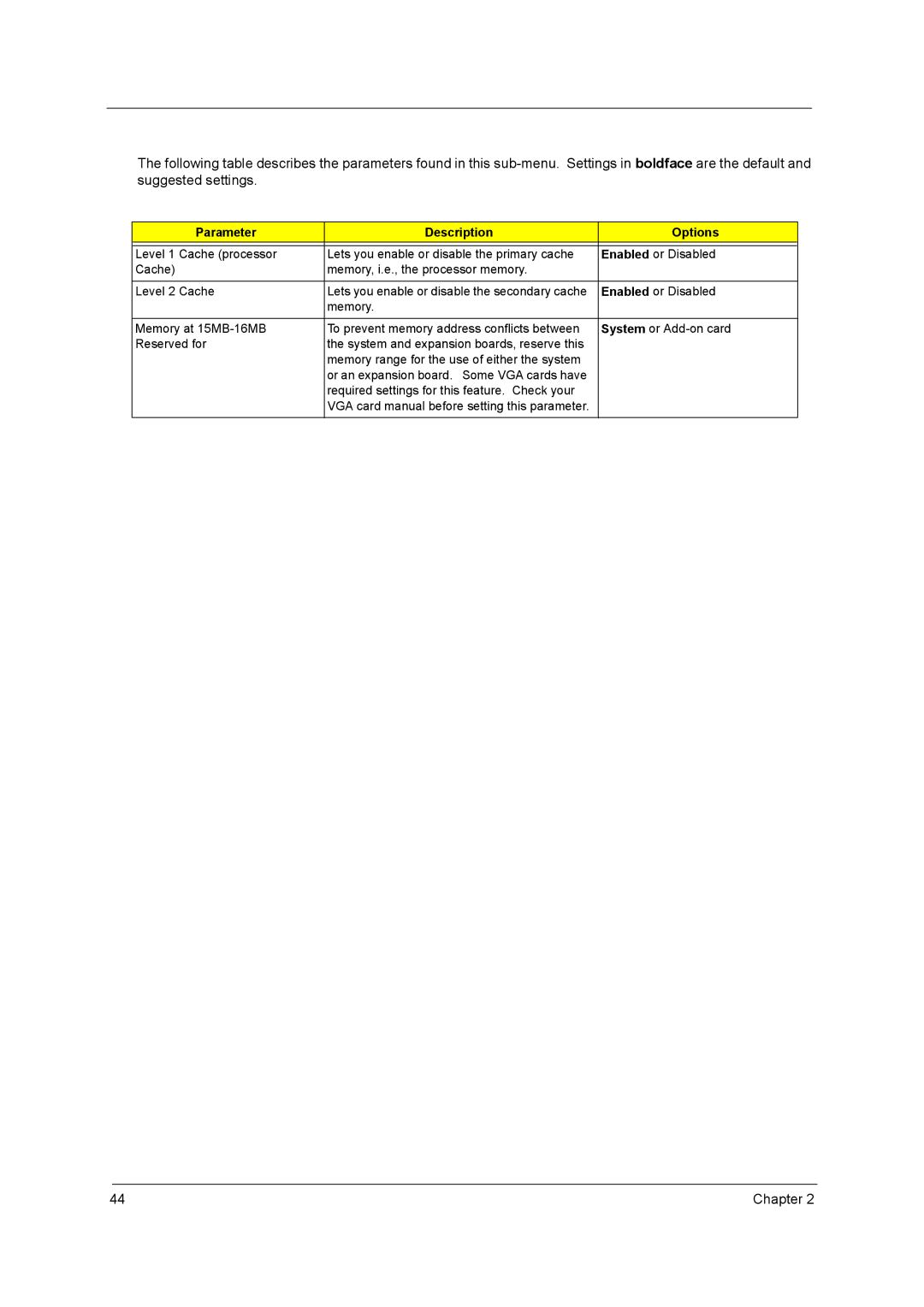 Acer power sx/sxb/sc manual Parameter Description Options 