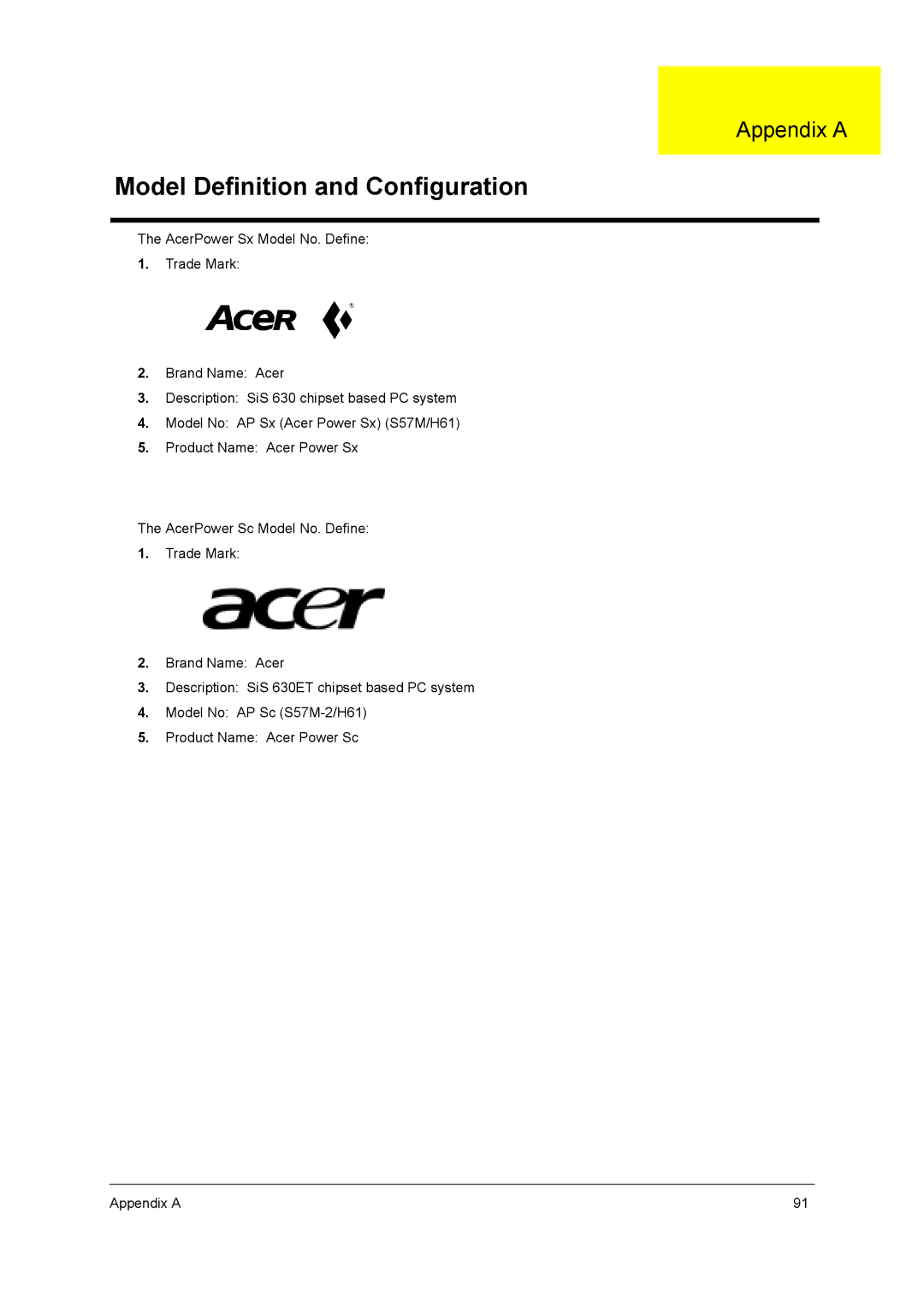 Acer power sx/sxb/sc manual Model Definition and Configuration 