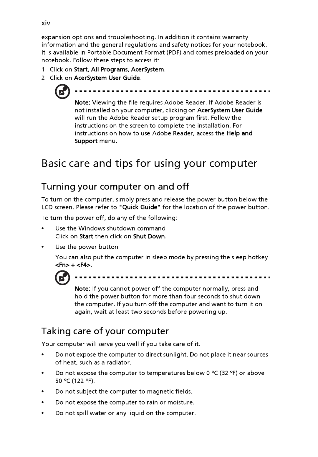 Acer Pro Series manual Basic care and tips for using your computer, Turning your computer on and off 