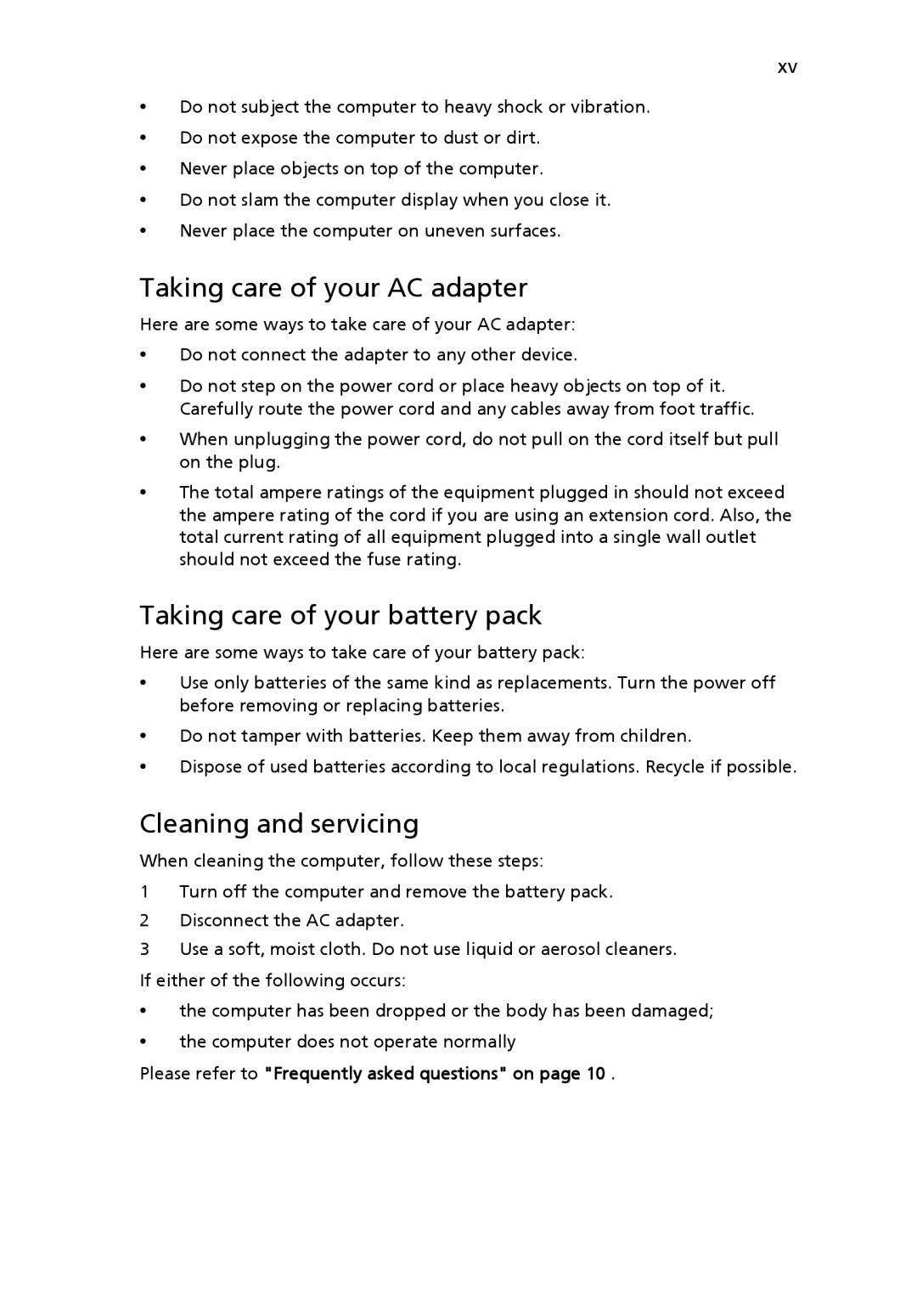 Acer Pro Series manual Taking care of your AC adapter, Taking care of your battery pack, Cleaning and servicing 