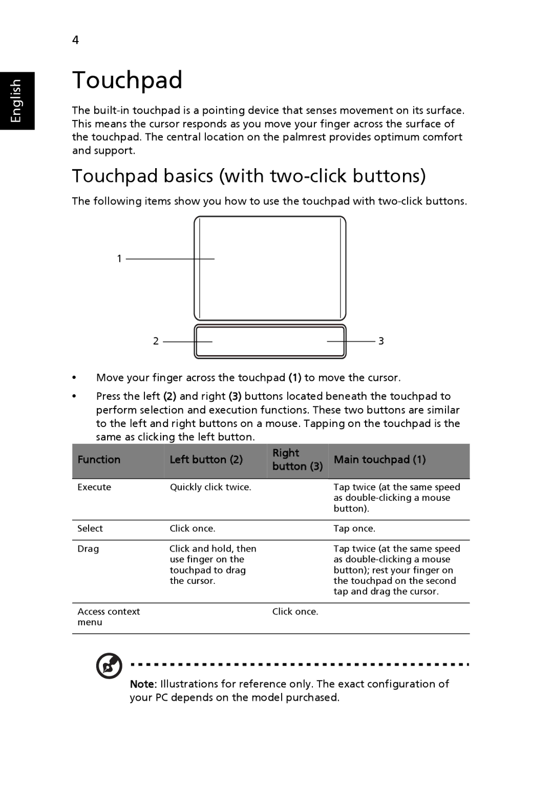 Acer Pro Series manual Touchpad basics with two-click buttons, Function Left button Right Main touchpad Button 