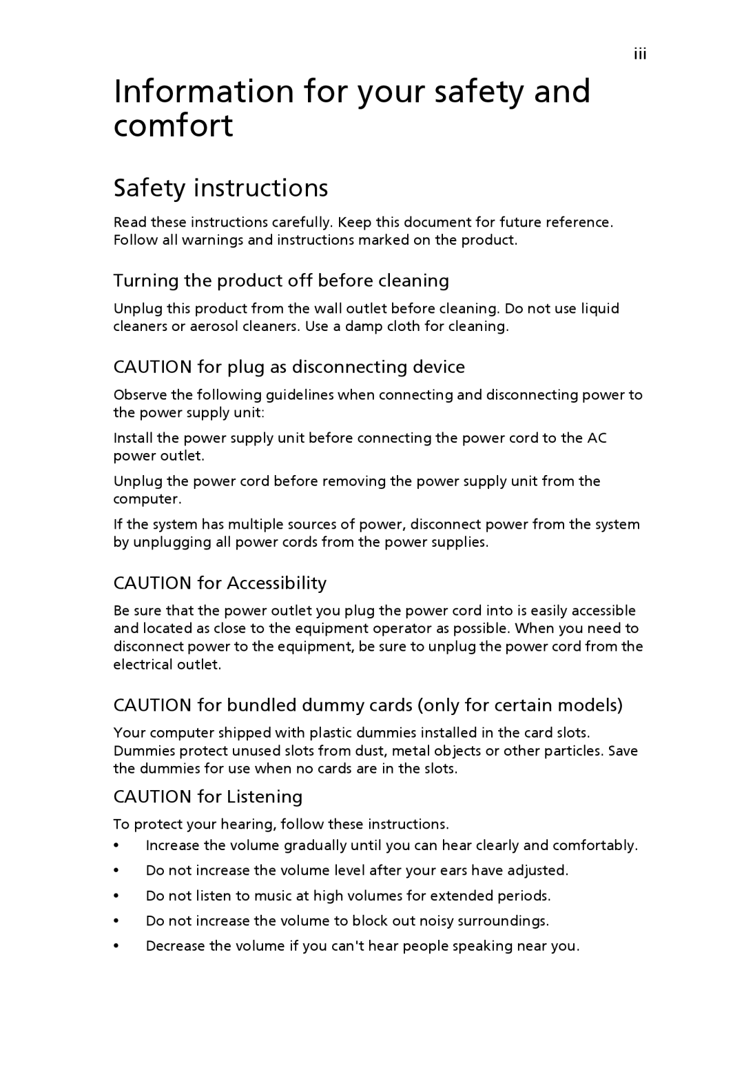 Acer Pro Series Information for your safety and comfort, Safety instructions, Turning the product off before cleaning 