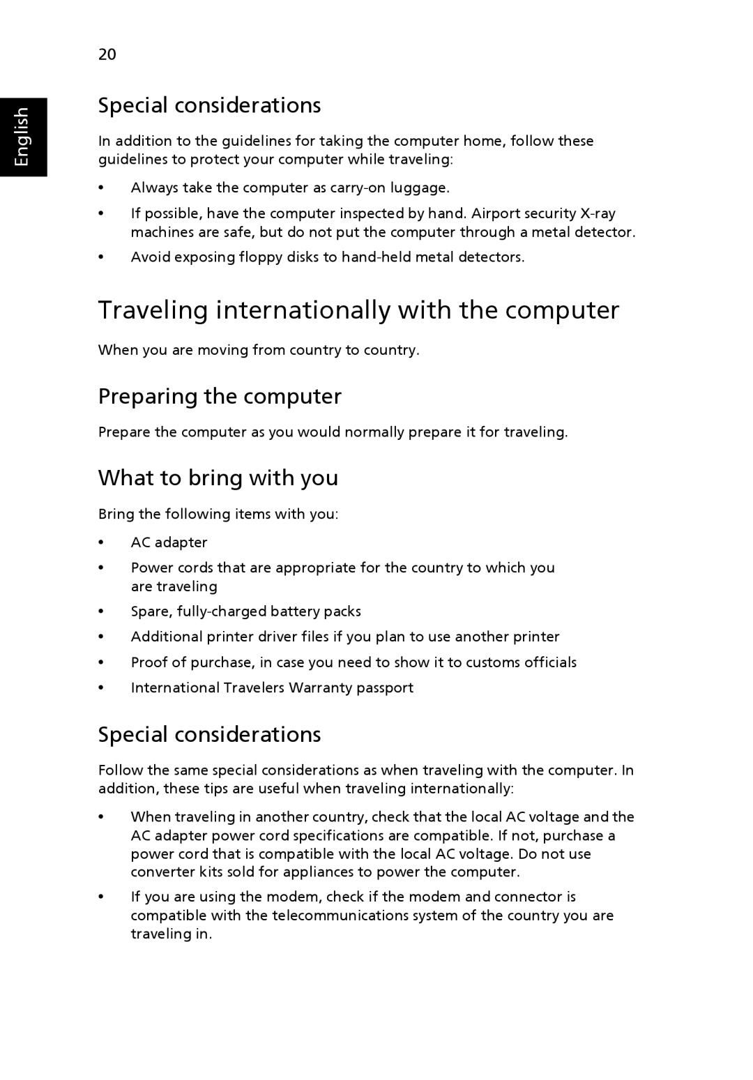 Acer Pro Series manual Traveling internationally with the computer, What to bring with you 