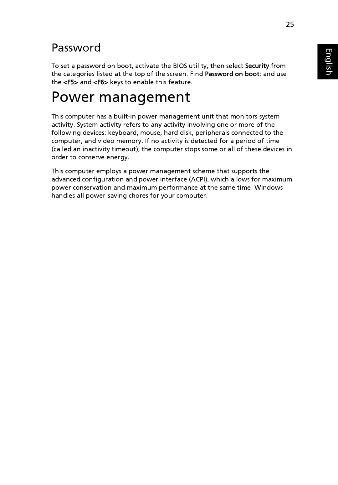 Acer Pro Series manual Power management, Password 