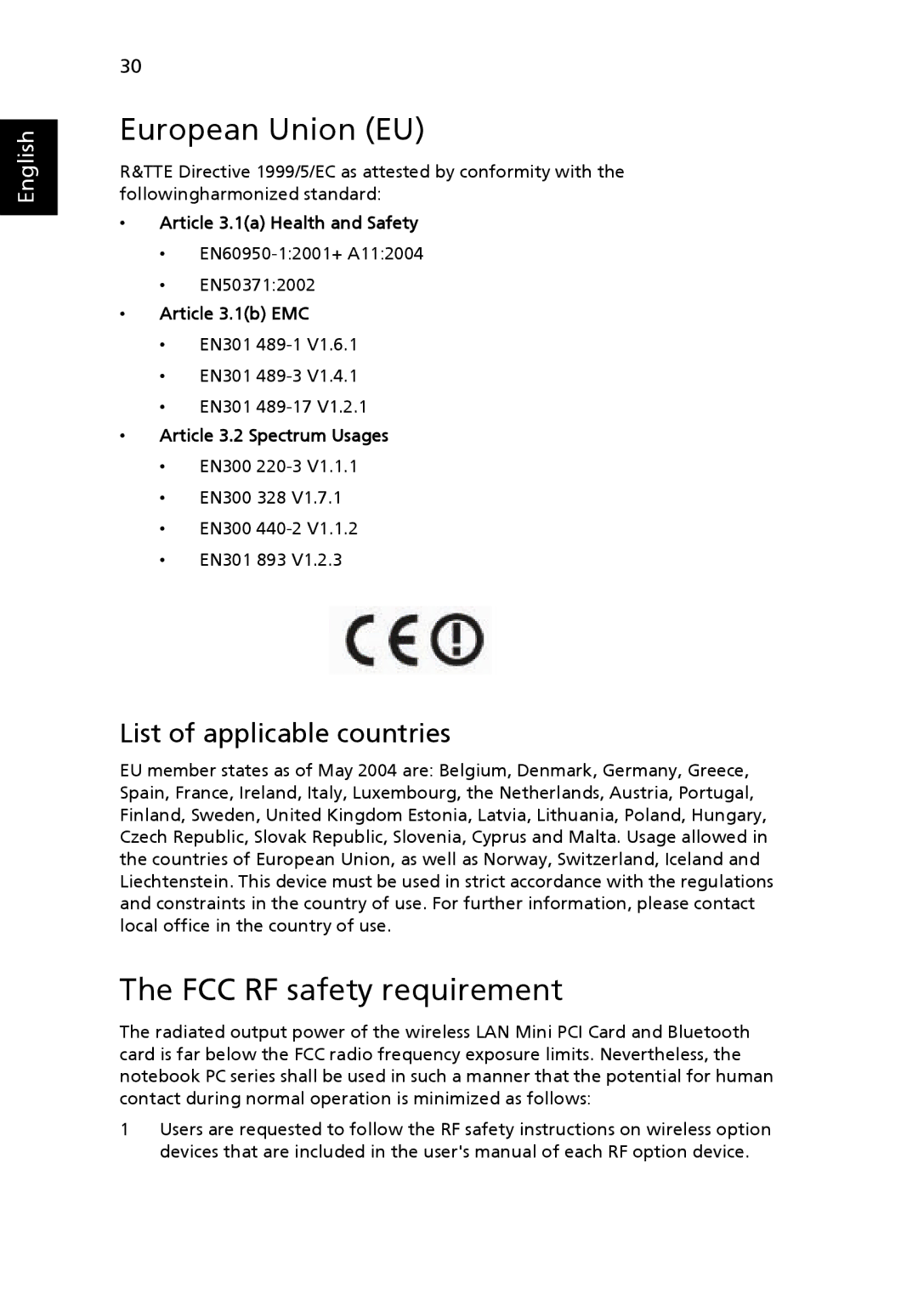 Acer Pro Series manual European Union EU, FCC RF safety requirement, List of applicable countries 