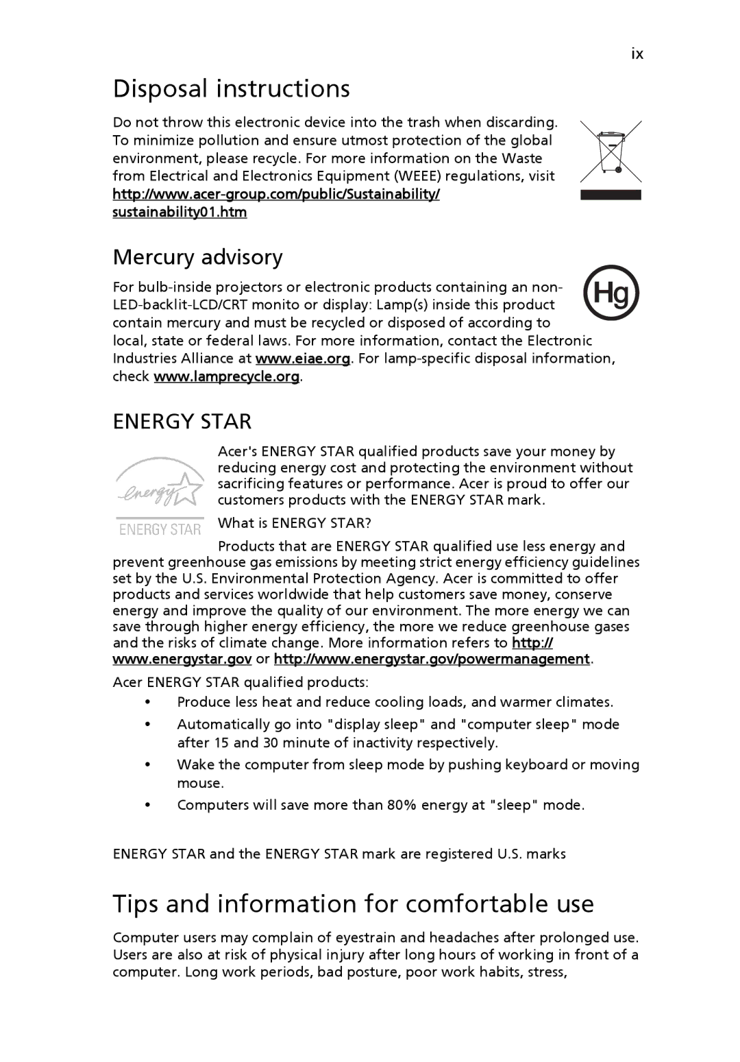 Acer Pro Series manual Disposal instructions, Tips and information for comfortable use, Mercury advisory 