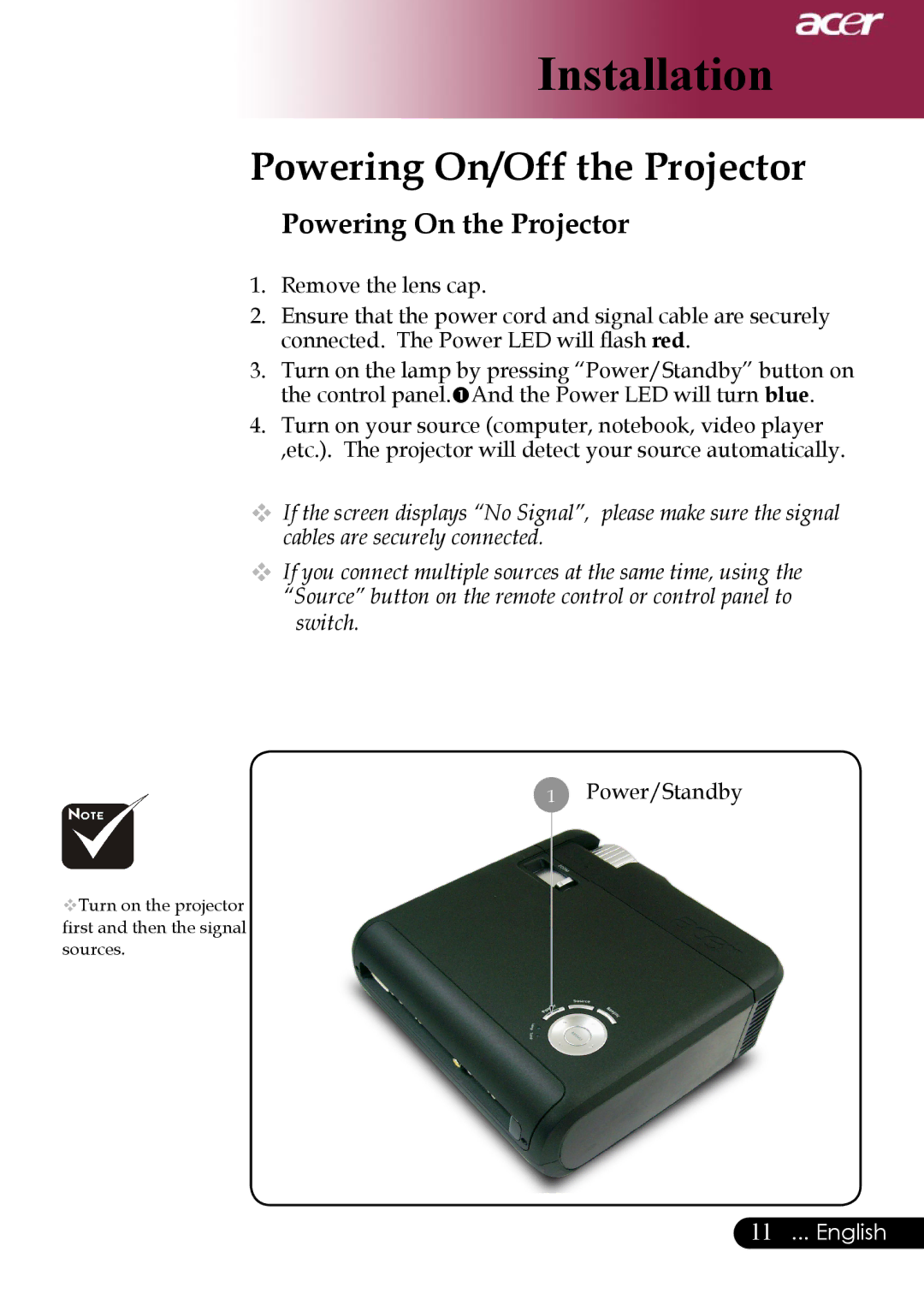 Acer specifications Powering On/Off the Projector, Powering On the Projector 