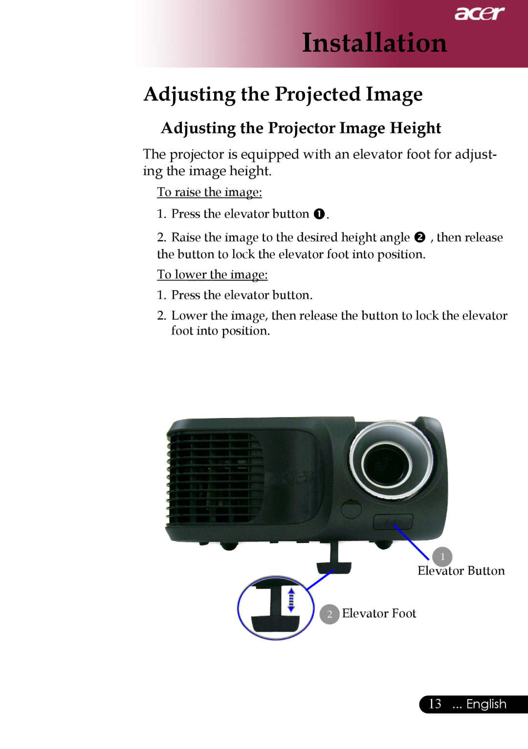 Acer specifications Adjusting the Projected Image, Adjusting the Projector Image Height 