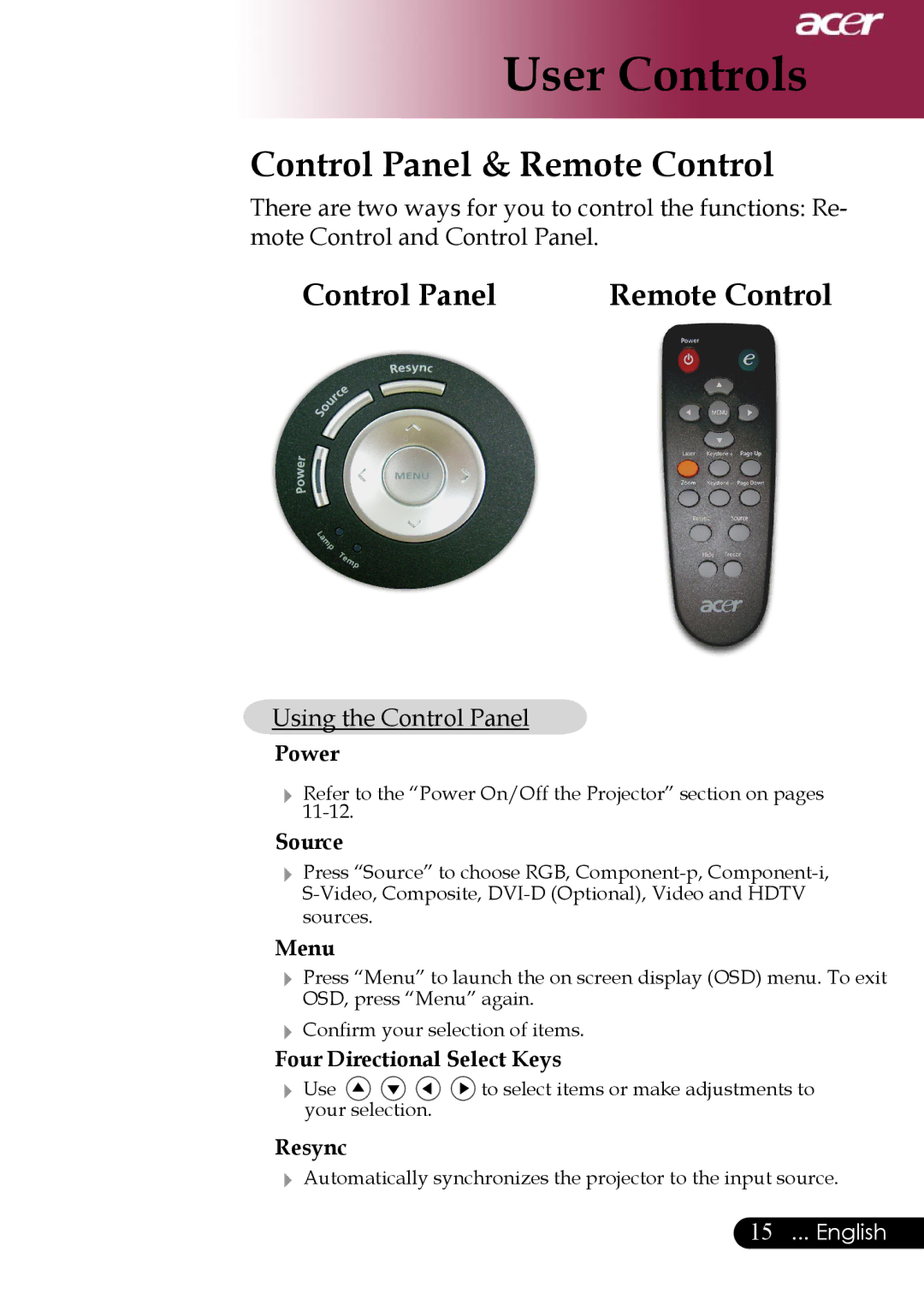 Acer Projector specifications User Controls, Control Panel & Remote Control 