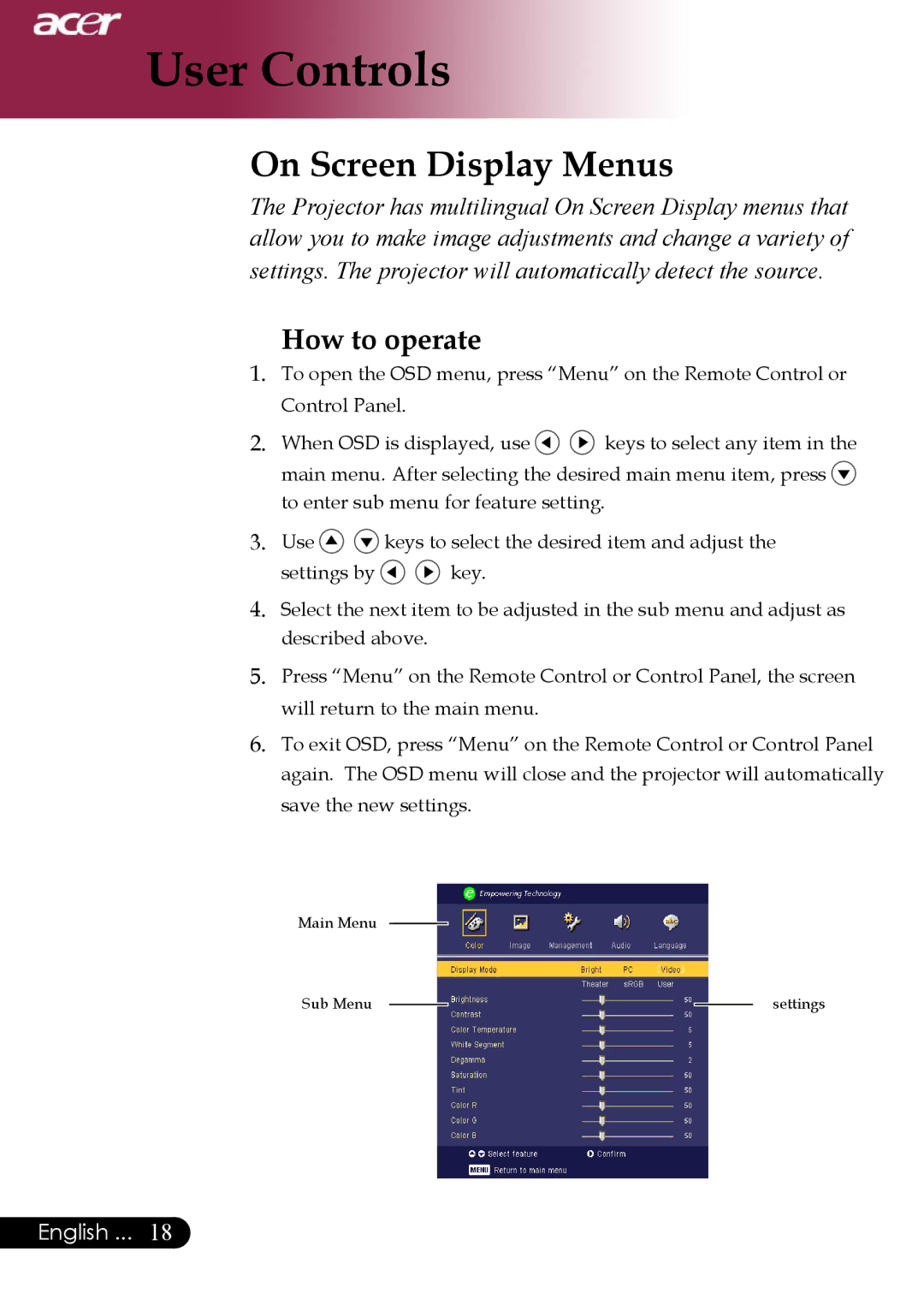 Acer Projector specifications On Screen Display Menus, How to operate 