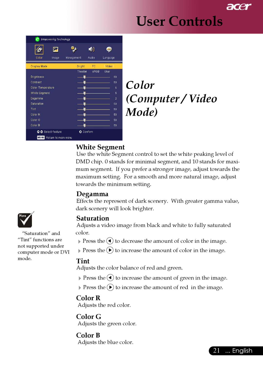 Acer Projector specifications White Segment, Degamma, Saturation, Tint, Color R, Color G, Color B 