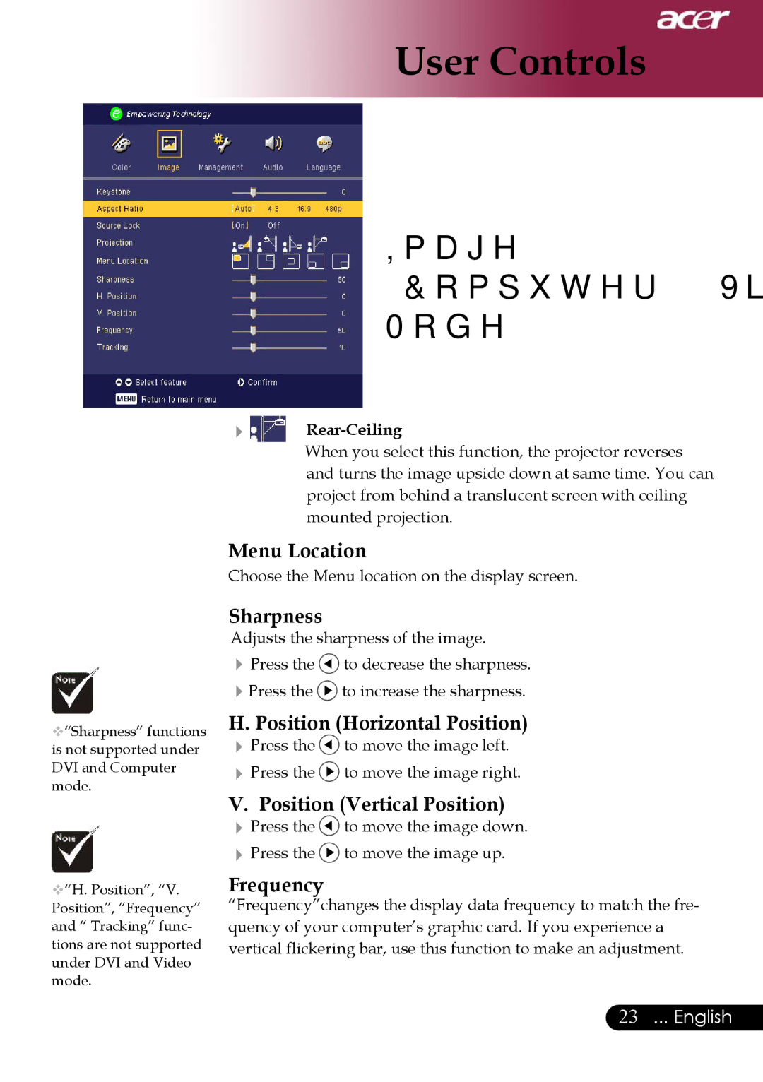 Acer Projector specifications Menu Location, Sharpness, Position Horizontal Position, Position Vertical Position, Frequency 