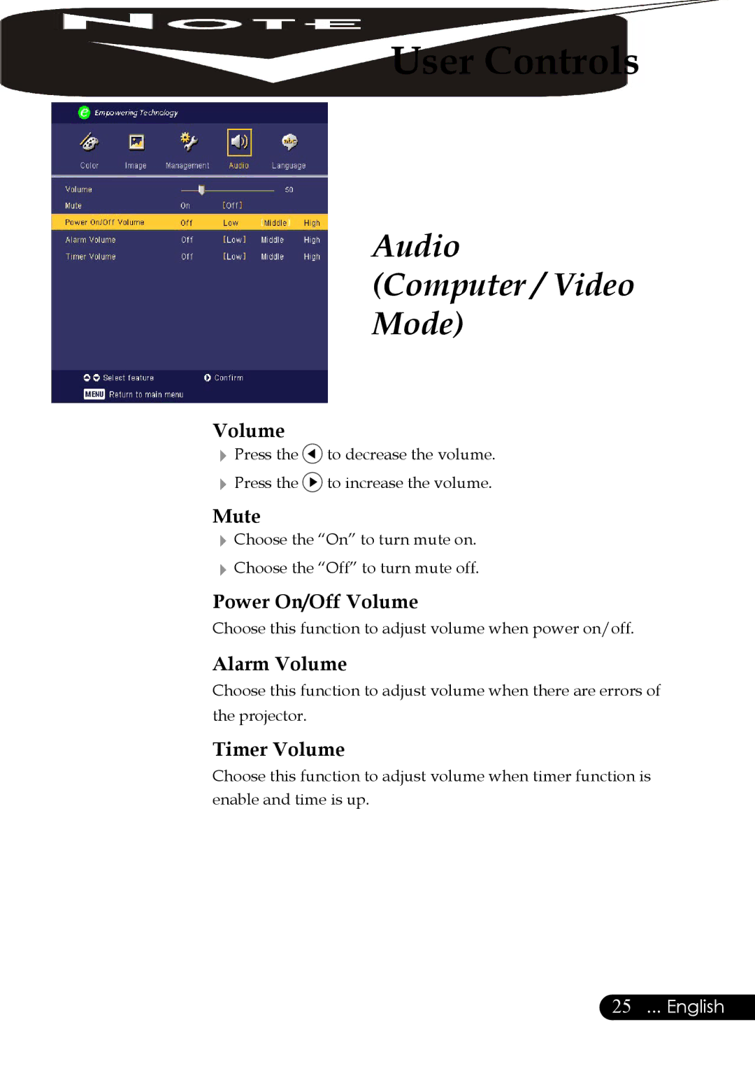 Acer Projector specifications Audio Computer / Video Mode 