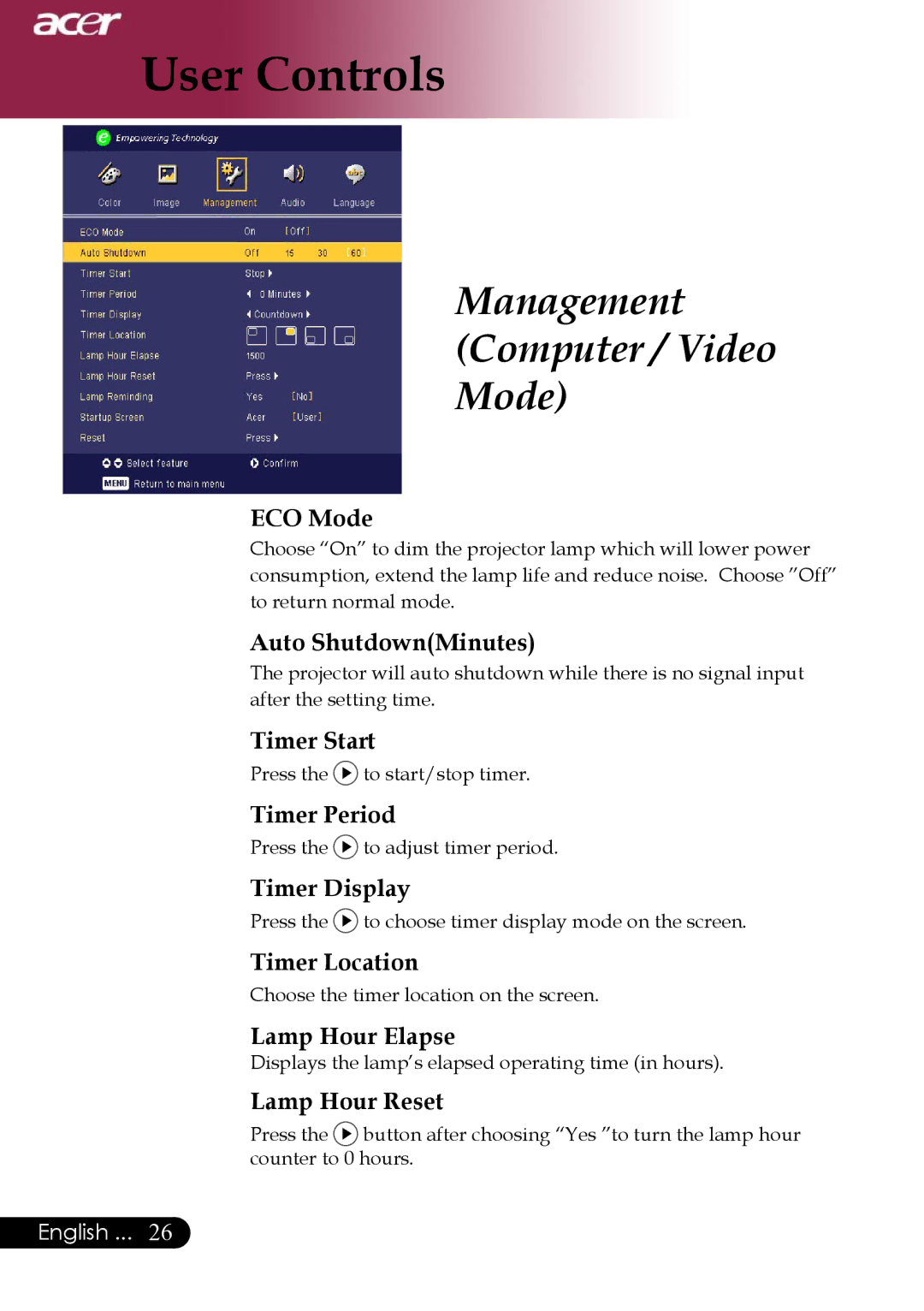 Acer Projector specifications Management Computer / Video Mode 