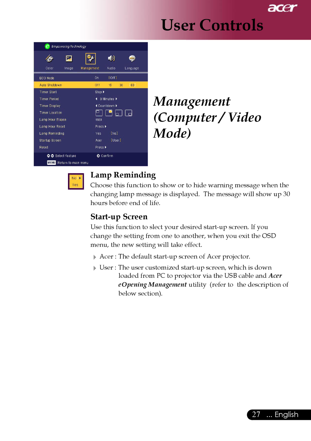 Acer Projector specifications Lamp Reminding, Start-up Screen 